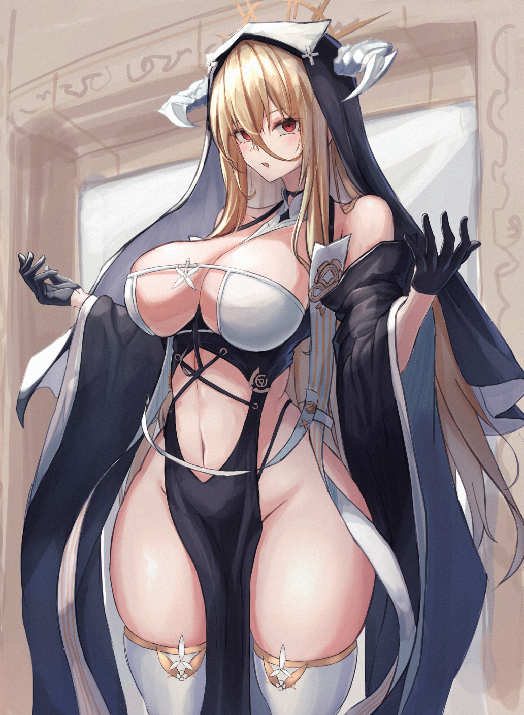 1girl azur_lane bangs bare_shoulders black_gloves blonde_hair breasts cleavage fake_horns gloves habit hands_up highres horns implacable_(azur_lane) large_breasts long_bangs long_hair looking_at_viewer midriff moppo navel nun open_mouth pelvic_curtain red_eyes solo thighhighs thighs white_thighhighs wide_hips