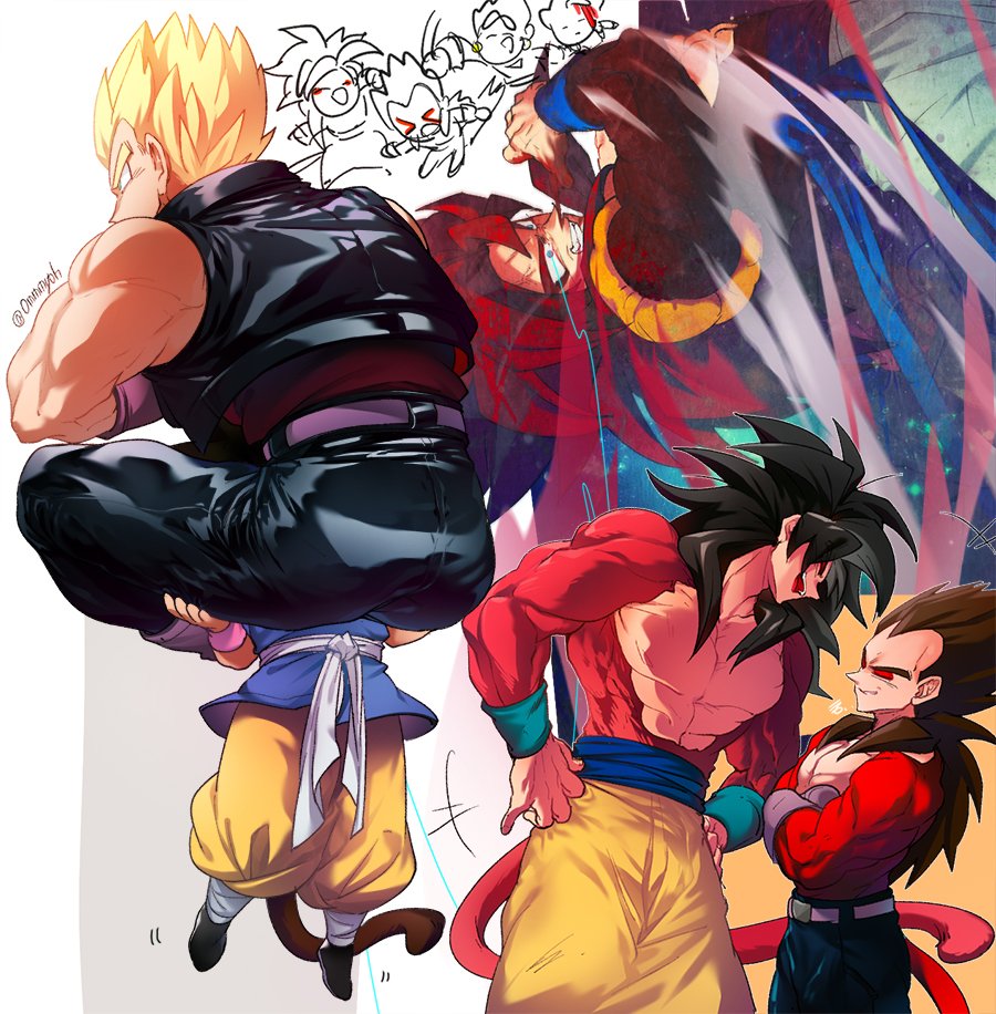3boys age_difference black_hair body_fur dougi dragon_ball dragon_ball_gt fusion fusion_dance gogeta height_difference male_child monkey_boy monkey_tail multiple_boys muscular muscular_male ommmyoh red_fur red_hair size_difference son_goku spiked_hair super_saiyan super_saiyan_4 tail vegeta