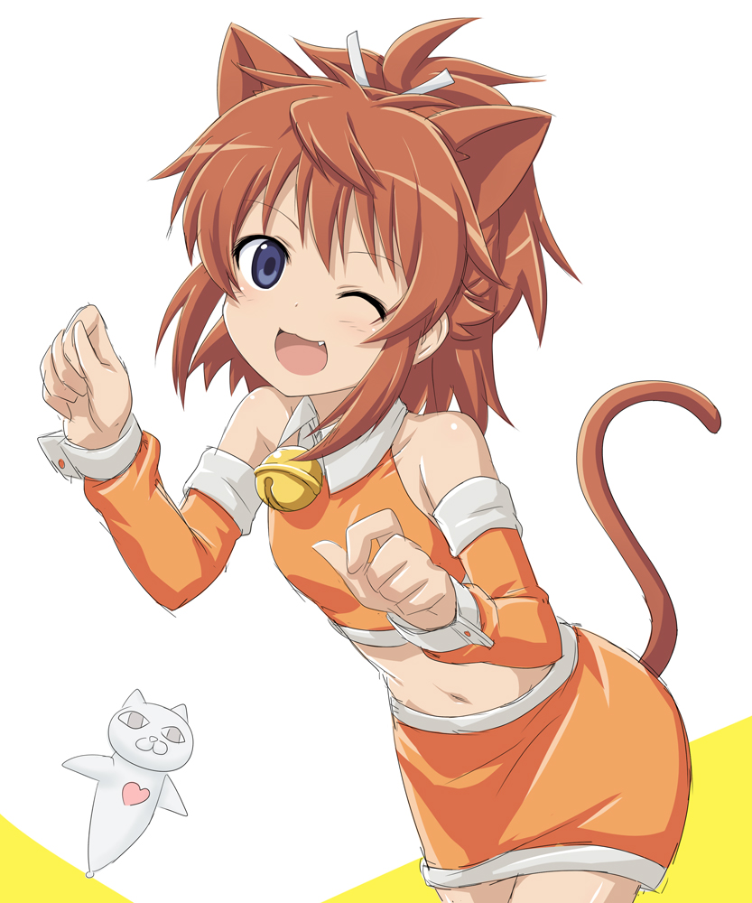 1girl 1other alternate_costume animal_ears bell blue_eyes breasts cat_ears cat_tail fang koshigaya_natsumi medium_hair navel non_non_biyori one_eye_closed open_mouth red_hair shirosame small_breasts standing tail