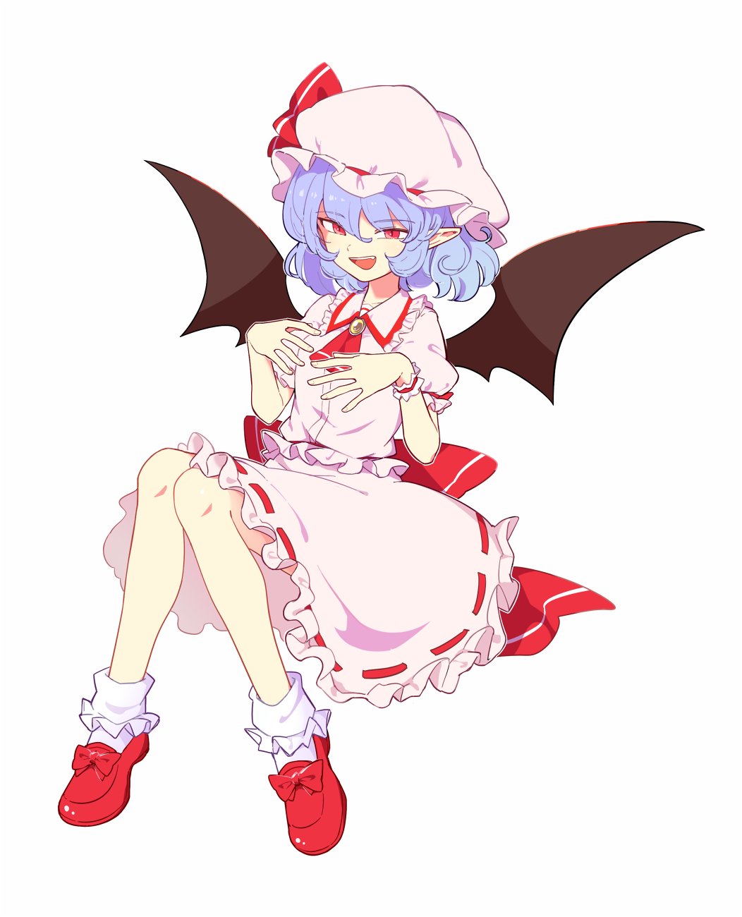 1girl ascot bangs bat_wings black_wings blue_hair blush brooch collared_shirt fingernails frilled_shirt_collar frilled_skirt frilled_sleeves frills full_body hair_between_eyes hat highres jewelry maguro_(mawaru_sushi) mob_cap open_mouth pink_headwear pink_shirt pink_skirt pointy_ears red_ascot red_eyes red_footwear remilia_scarlet shirt shoes short_hair short_sleeves simple_background skirt smile socks solo touhou white_background white_socks wings wrist_cuffs