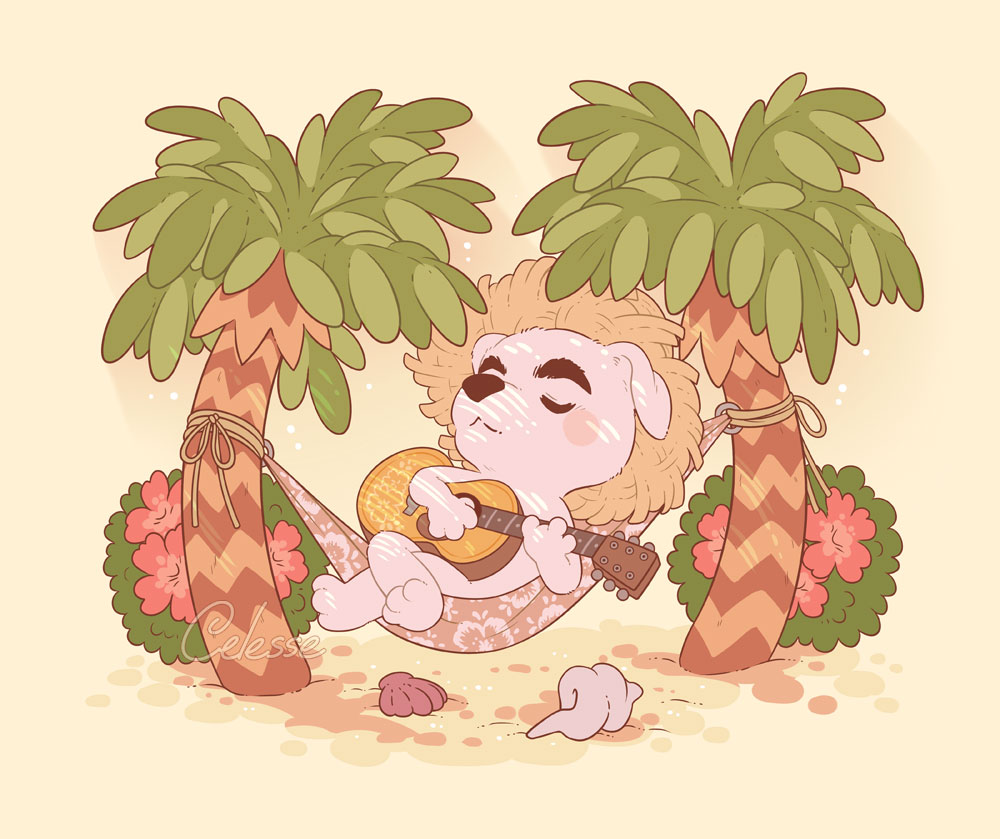 1boy acoustic_guitar animal_crossing artist_name blush blush_stickers brown_background brown_headwear bush clam_shell closed_eyes closed_mouth commentary conch crossed_legs dog_boy english_commentary flower furry furry_male guitar hammock hat holding holding_instrument instrument k.k._slider_(animal_crossing) male_focus music palm_tree playing_instrument reclining red_flower samantha_whitten sand seashell shell signature simple_background sitting solo straw_hat tree