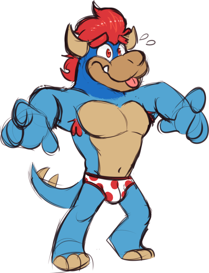 armpit_hair blue_body body_hair bowser's_brother bulge clothed clothing goronic hair horn koopa male mario_bros navel nintendo pecs red_eyes red_hair scalie solo tongue tongue_out topless underwear