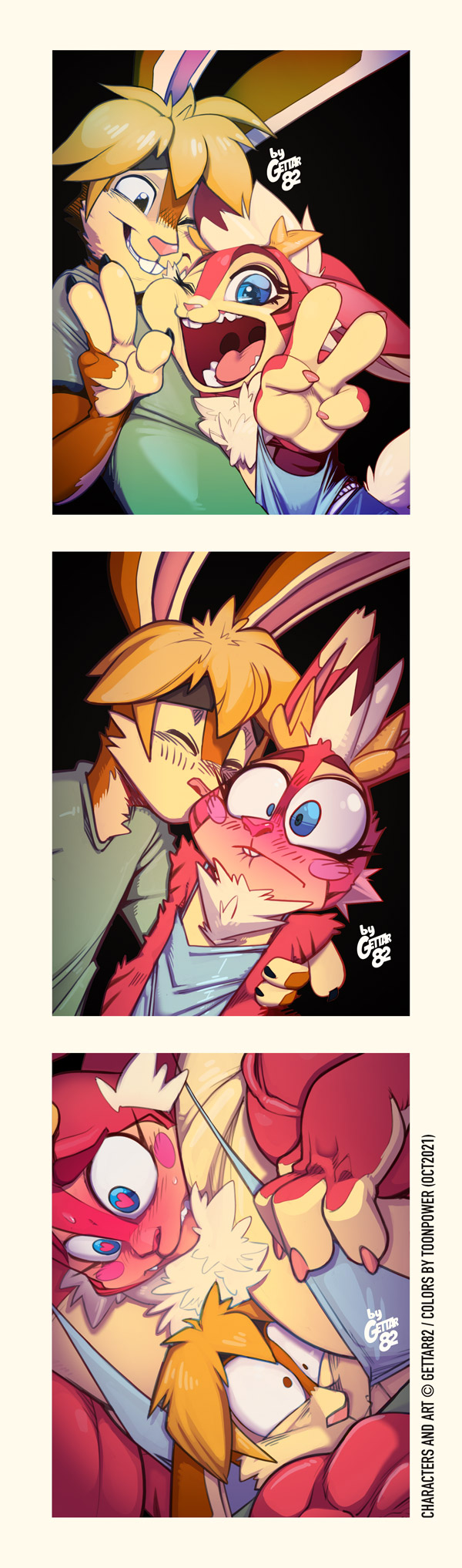&lt;3 &lt;3_eyes anthro antlers biceps big_muscles blush cherby duo felid female gettar82 growth hi_res horn huge_muscles hybrid jackalope kissing lagomorph male mammal muscle_growth muscular muscular_female pantherine photo_booth tiger