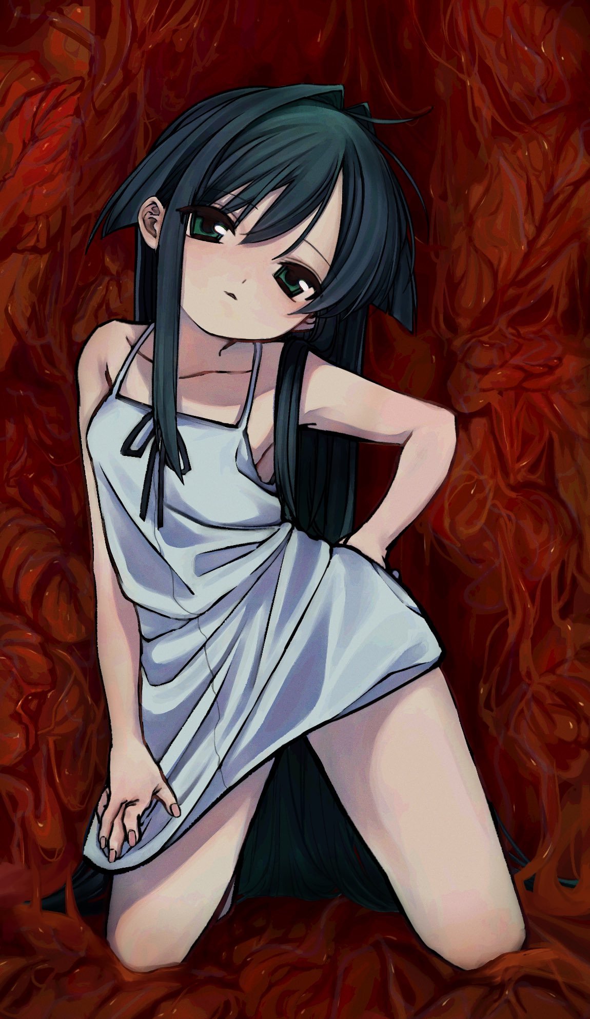 1girl ahoge bare_legs bare_shoulders black_hair black_ribbon clothes_pull collarbone dress dress_pull flesh green_eyes hair_flaps hair_intakes hair_spread_out halterneck hand_on_hip head_tilt highres kneeling long_hair looking_at_viewer parted_lips ribbon saya_(saya_no_uta) saya_no_uta sidelocks solo sundress uee_m very_long_hair white_dress