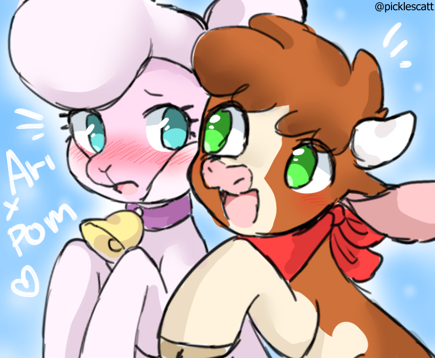 &lt;3 17:14 2020 arizona_cow_(tfh) bandanna bell bell_collar blue_background blue_eyes blush bovid bovine brown_body brown_fur brown_hair caprine catsonmarss cattle collar digital_drawing_(artwork) digital_media_(artwork) domestic_sheep duo embrace eye_contact female female/female feral fur green_eyes hair hereford_cattle horn hug kerchief looking_at_another mammal multicolored_body multicolored_fur neckerchief nervous no_pupils open_mouth open_smile pink_body pink_fur pom_(tfh) red_kerchief red_neckerchief sheep simple_background smile tan_body tan_fur text them's_fightin'_herds two_tone_body two_tone_fur