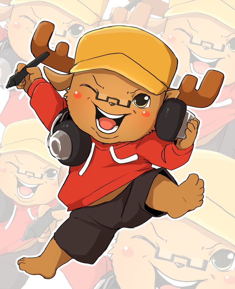 5_fingers 5_toes anthro barefoot bottomwear clothing deer eyewear feet fingers glasses hat headgear headphones headphones_around_neck headwear male mammal manmosu_marimo pencil_(object) shiiiiiiiro_(character) shorts solo sweater toes topwear