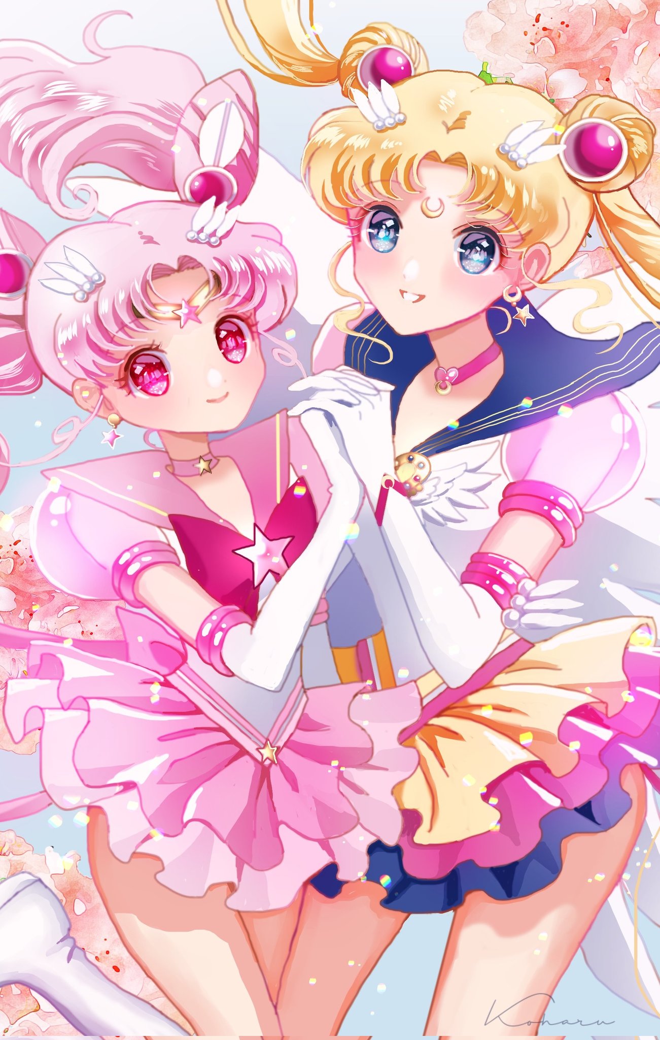 2girls back_bow bangs bishoujo_senshi_sailor_moon blonde_hair blue_eyes blue_sailor_collar blue_skirt bow bowtie brooch choker circlet cone_hair_bun crescent crescent_earrings crescent_facial_mark double_bun earrings elbow_gloves eternal_sailor_moon facial_mark gem gloves gold_earrings hair_bun heart heart_choker highres holding_hands jewelry koharumichi layered_skirt leotard long_hair miniskirt multiple_girls parted_bangs pink_choker pink_hair pink_sailor_collar pink_skirt pleated_skirt red_bow red_bowtie red_eyes red_gemstone sailor_chibi_moon sailor_collar sailor_moon shirt short_hair short_sleeves short_twintails skirt smile star_(symbol) star_earrings stud_earrings super_sailor_chibi_moon tsukino_usagi twintails very_long_hair white_gloves white_leotard white_shirt wing_brooch yellow_skirt