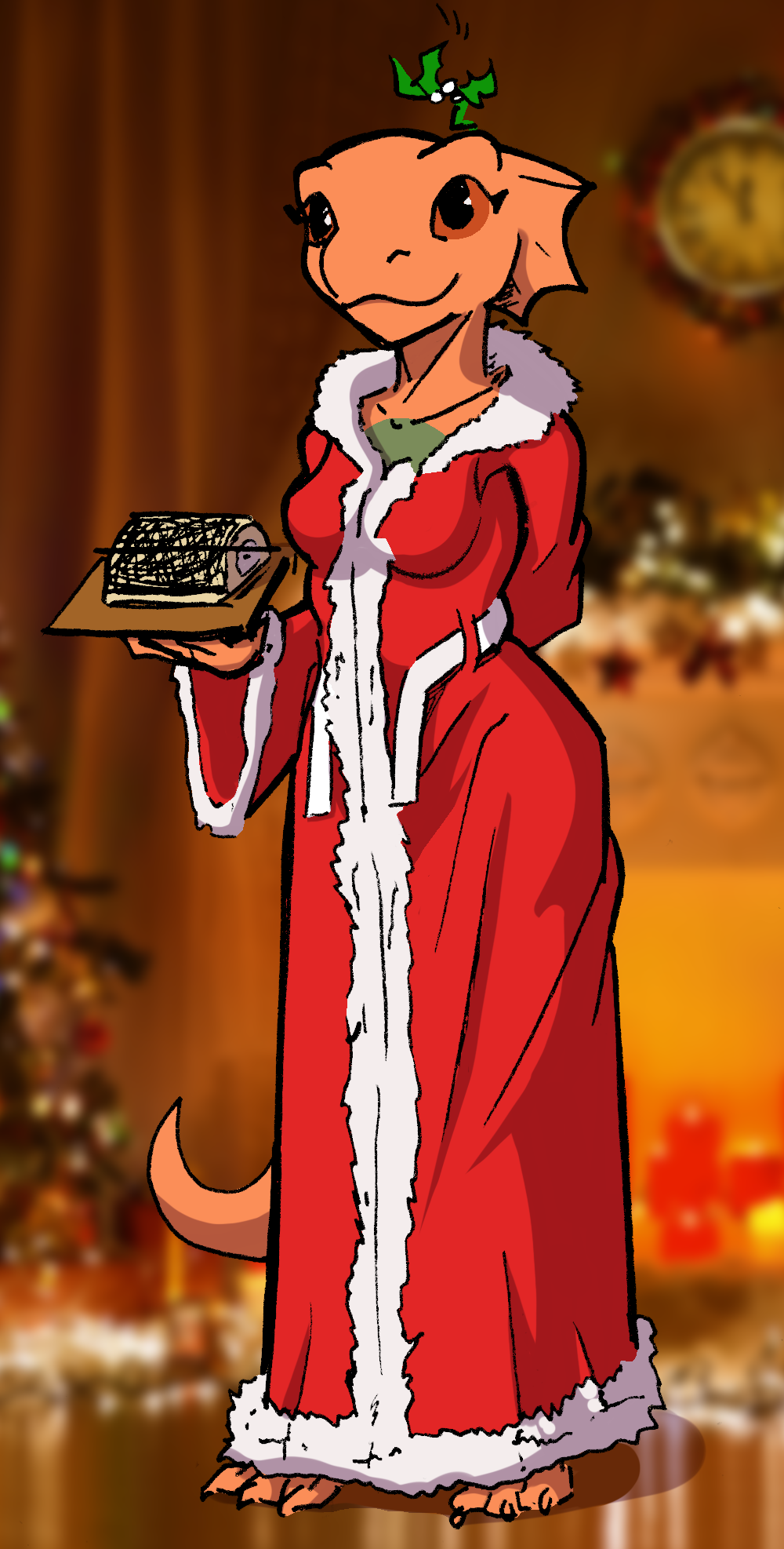 3_toes anthro argonian bethesda_softworks bluedraggy christmas christmas_clothing claws clothed clothing feet female fully_clothed hi_res holidays kuroneko mistletoe oblivion paws photo_background photography_(artwork) plant quill-weave robe scales scalie smile solo the_elder_scrolls toe_claws toes
