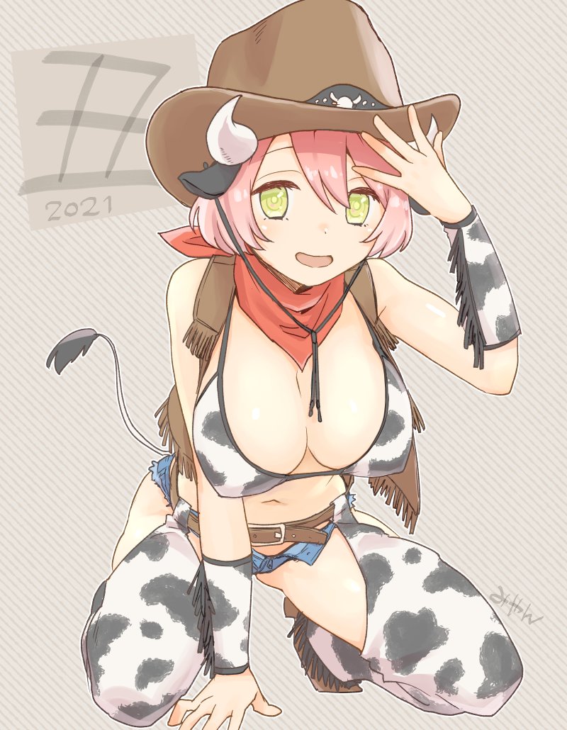 1girl 2021 animal_ears animal_print arm_warmers bandana bangs belt bikini bikini_top_only blue_shorts blush breasts brown_belt brown_vest chaps chinese_zodiac cleavage commentary_request cow_ears cow_horns cow_print cowboy_hat cowboy_western fringe_trim full_body grey_background hair_between_eyes hat horns large_breasts looking_at_viewer miyan_(shamigame) open_clothes open_mouth open_vest original pink_hair red_bandana short_hair short_shorts shorts smile solo squatting swimsuit vest year_of_the_ox yellow_eyes