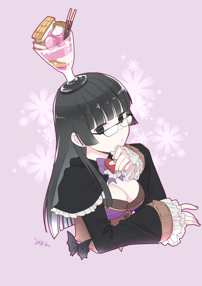 1girl bangs black-framed_eyewear black_capelet black_coat black_eyes black_hair blunt_bangs bow bowtie breasts brown_vest capelet cleavage closed_mouth coat commentary_request cookie cup cup_on_head expressionless fingernails food frilled_capelet frilled_sleeves frills heart hime_cut ice_cream ice_cream_sandwich long_hair looking_at_viewer macaron medium_breasts miyan_(shamigame) parfait pink_background pocky purple_bow purple_bowtie purple_nails ragnarok_masters ragnarok_online sidelocks signature solo upper_body vest