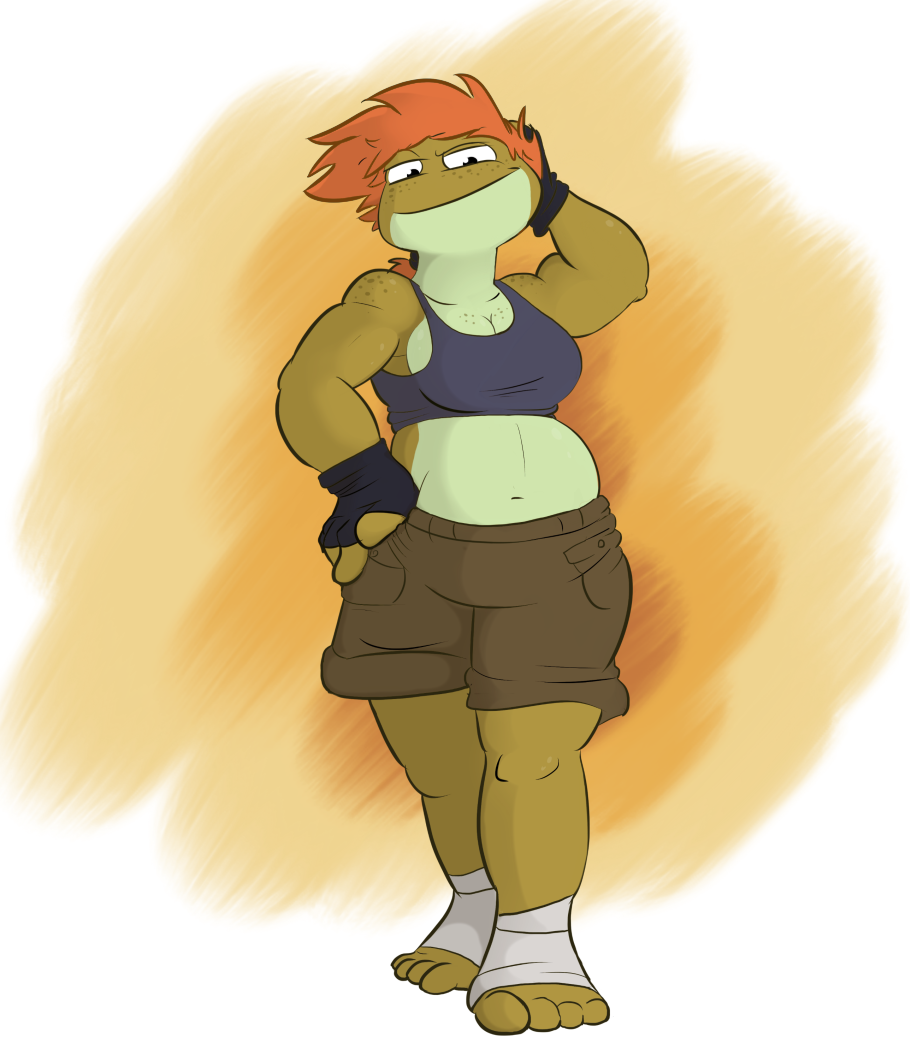 amphibian anthro bottomwear breasts cargo_pants clothed clothing confident daryl_(gtb23) female fingerless_gloves freckles frog gloves gtb23 handwear musclegut muscular muscular_female oragne_hair pants semi_bare_feet shirt solo tank_top topwear wrapped_feet