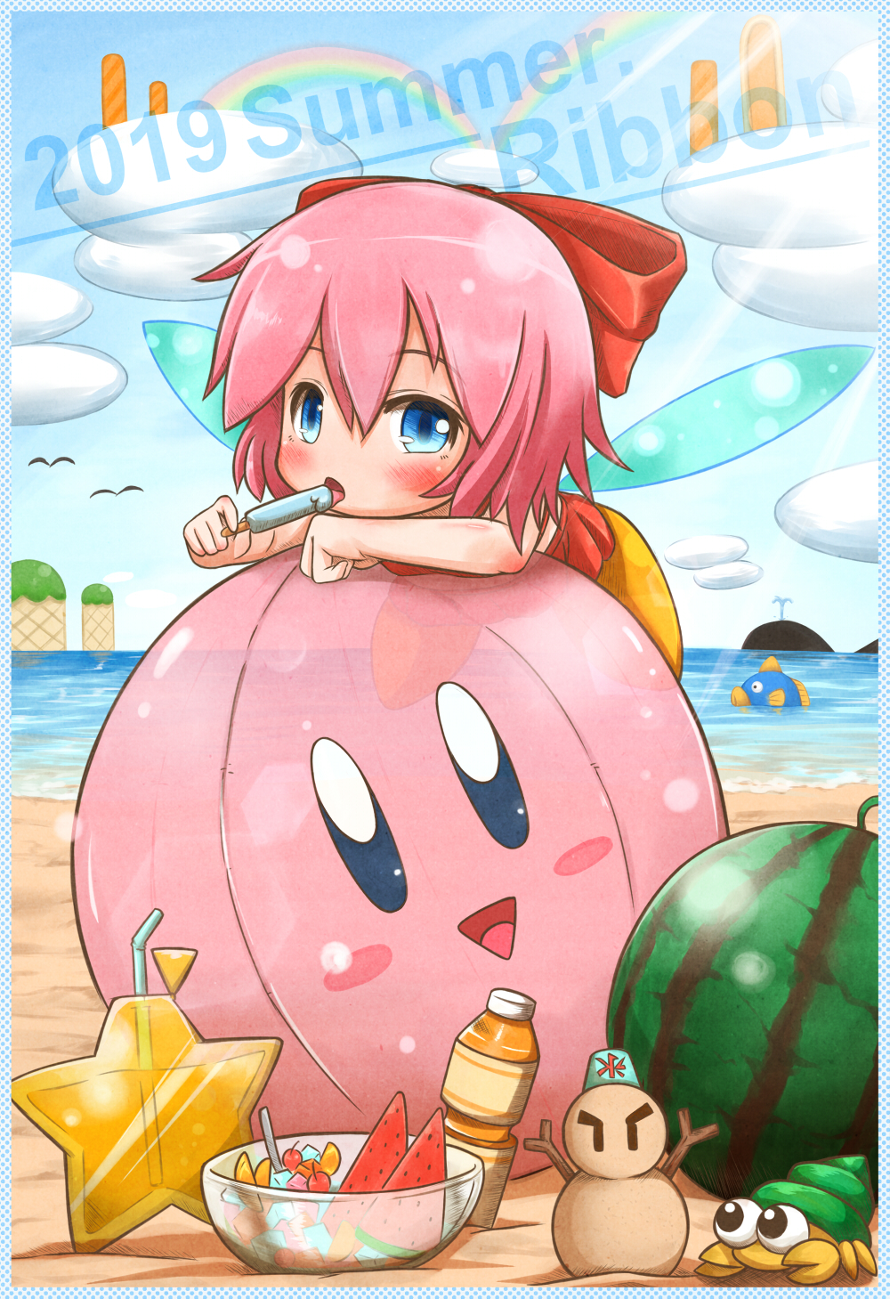 1girl ball bangs beach beachball bikini bikini_skirt bird blue_eyes blue_sky blush border bottle bow bowl character_name cherry chilly_(kirby) cloud commentary_request coner crab dated day drink drinking_straw fairy fairy_wings food fruit hair_between_eyes hair_bow hair_ornament highres holding holding_food horizon ice ice_cube island kine_(kirby) kirby kirby_(series) kirby_64 licking light_rays looking_at_viewer ocean open_mouth orange_(fruit) orange_slice outdoors pink_hair polka_dot polka_dot_border popsicle rainbow red_bikini red_bow ribbon_(kirby) sand sand_sculpture short_hair sidelocks sky summer swimsuit takaramono tongue tongue_out water watermelon watermelon_slice whale wings