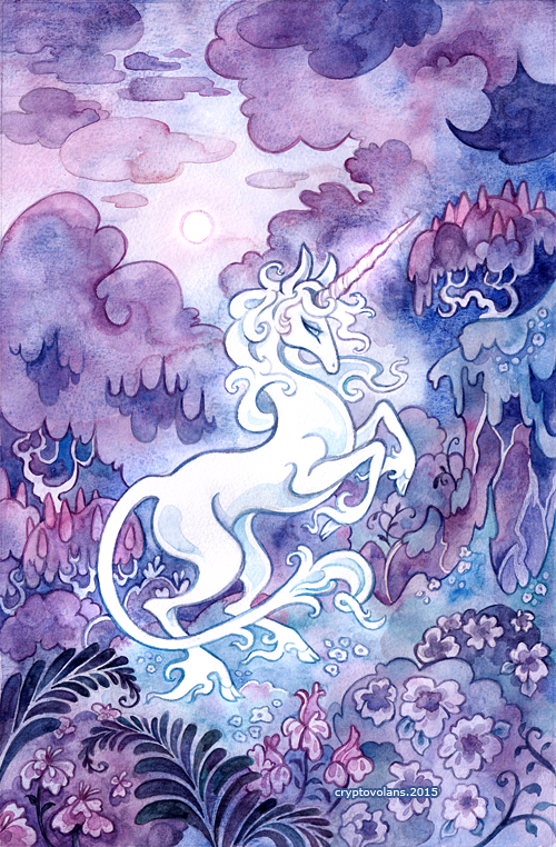 2015 ambiguous_gender artist_name blue_eyes cloud cryptosilver detailed equid equine feral flower fur hair hooves horn leg_tuft mammal moon painting_(artwork) plant purple_clouds purple_flower purple_sky shrub solo tail tail_tuft traditional_media_(artwork) tuft unicorn unicorn_horn watercolor_(artwork) white_body white_fur white_hair