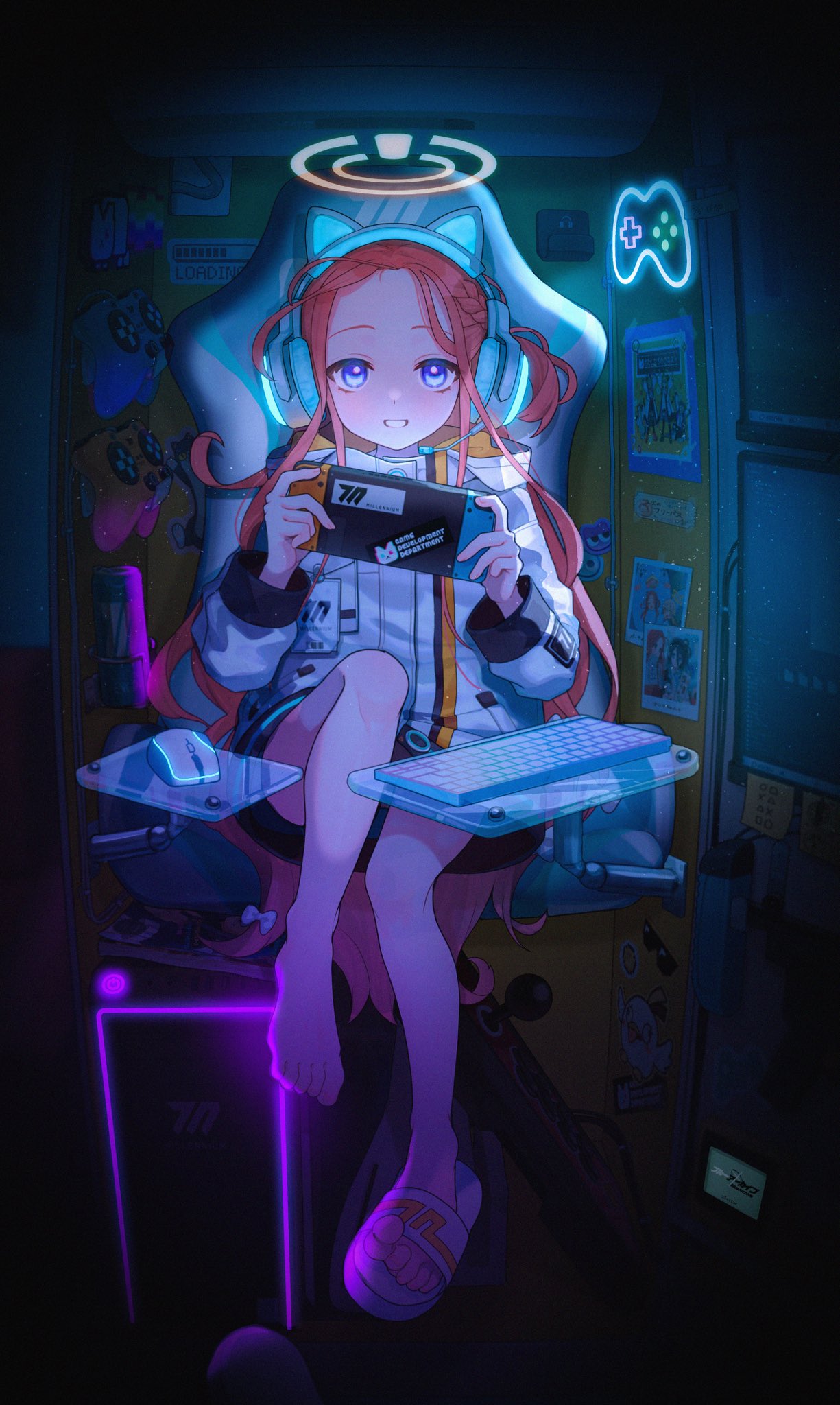 13_(spice!!) 1girl air_conditioner animal_ear_headphones animal_ears arcade_stick bare_legs blue_archive blue_eyes blush braid cat_ear_headphones chair commentary controller cpu dark_background energy_drink fake_animal_ears game_controller gaming_chair gun halo handheld_game_console hands_up headphones highres holding holding_handheld_game_console in_locker indoors jacket joystick keyboard_(computer) legs long_hair long_sleeves looking_at_viewer magazine_(object) messy_hair mouse_(computer) neon_lights nyan_cat photo_(object) red_hair sandals screen sitting smile solo sticker submachine_gun swivel_chair thighs weapon white_footwear white_jacket yuzu_(blue_archive)