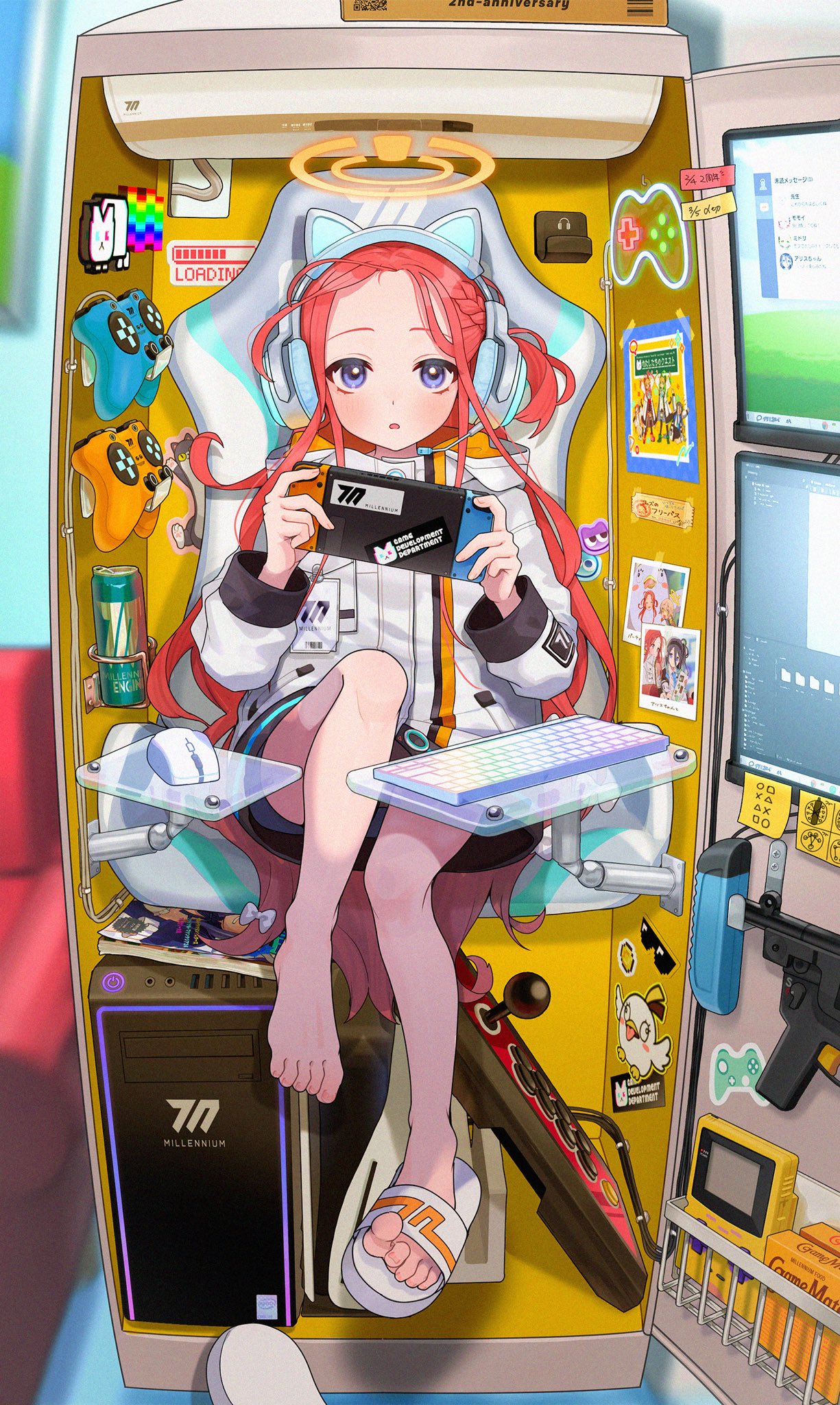 13_(spice!!) 1girl air_conditioner animal_ear_headphones animal_ears arcade_stick bare_legs blue_archive blue_eyes blush braid cat_ear_headphones chair commentary controller cpu energy_drink fake_animal_ears game_controller gaming_chair gun halo handheld_game_console hands_up headphones highres holding holding_handheld_game_console in_locker indoors jacket joystick keyboard_(computer) legs long_hair long_sleeves looking_at_viewer magazine_(object) messy_hair mouse_(computer) nyan_cat parted_lips photo_(object) red_hair sandals screen sitting solo sticker submachine_gun swivel_chair thighs weapon white_footwear white_jacket yuzu_(blue_archive)