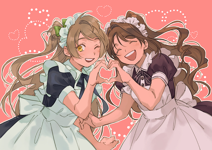 2girls ;d ^_^ alternate_costume apron back_bow bangs black_dress black_ribbon blush bow brown_hair closed_eyes collared_dress commentary crossover dress enmaided facing_viewer floating_hair frilled_apron frilled_hairband frills green_bow hair_bow hair_intakes hairband hand_up happy heart heart_background heart_hands heart_hands_duo idolmaster idolmaster_cinderella_girls light_brown_hair long_hair looking_at_viewer looking_to_the_side love_live! love_live!_school_idol_project loveariddle maid maid_apron maid_headdress minami_kotori multiple_girls neck_ribbon one_eye_closed one_side_up open_mouth outline pink_background puffy_short_sleeves puffy_sleeves ribbon round_teeth shimamura_uzuki short_sleeves side-by-side smile striped striped_ribbon swept_bangs symbol-only_commentary teeth upper_body upper_teeth_only white_apron white_bow white_hairband white_outline wing_collar wrist_extended yellow_eyes