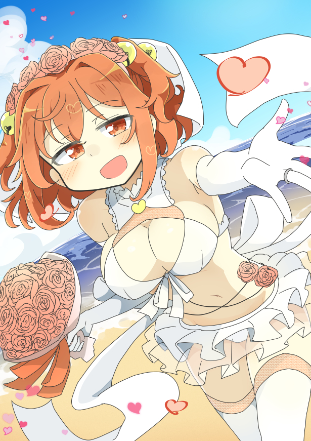 1girl bangs beach bell blue_sky blush brown_eyes brown_hair dress flower hair_flower hair_ornament heart jewelry looking_at_viewer matsu_kitsune motoori_kosuzu red_flower red_rose ring rose sky solo touhou two_side_up wedding wedding_dress wedding_ring