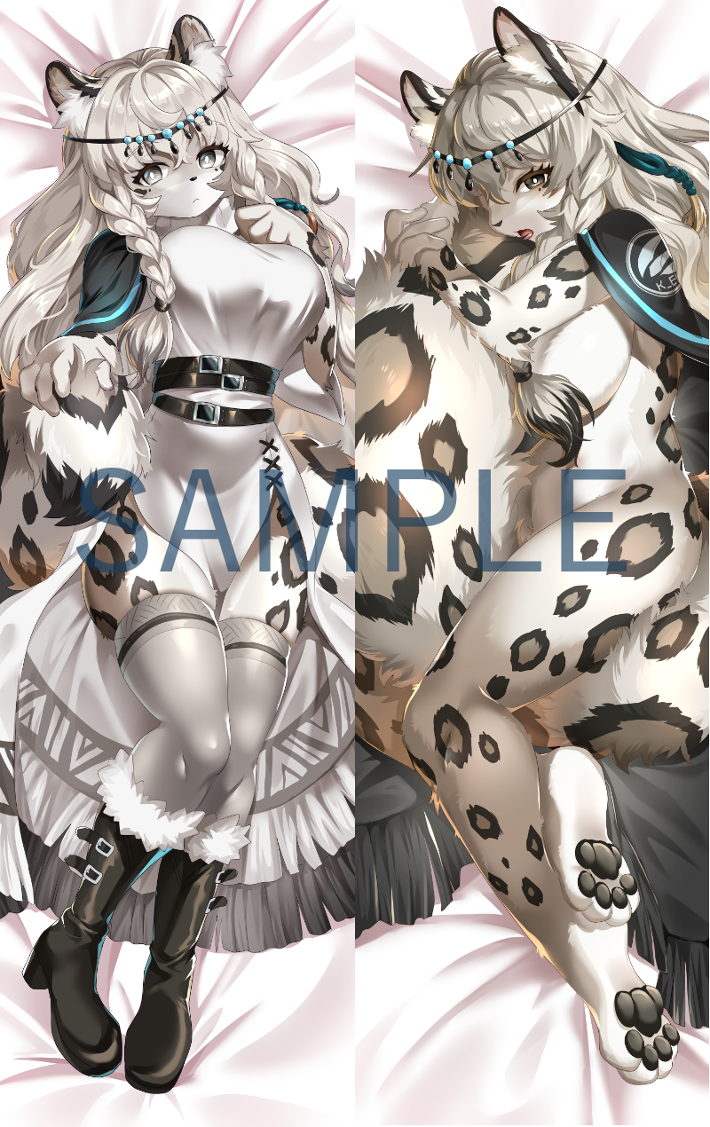 alternate_species anthro arknights beauty_mark bed belt boots braided_hair breasts circlet clothed clothing convenient_censorship dakimakura_design dress felid female footwear fur furniture furrification grey_body grey_eyes grey_fur grey_hair hair hair_covering_breasts hi_res holding_tail hypergryph kemono legwear licking long_hair lying mammal mantle mostly_nude on_bed on_side open_mouth pantherine paws pouting pramanix_(arknights) ruri_tsubame side_boob snow_leopard solo spots spotted_body spotted_fur stockings studio_montagne tail tail_fetish tail_hug tail_lick tail_play tongue tongue_cleaning tongue_out watermark