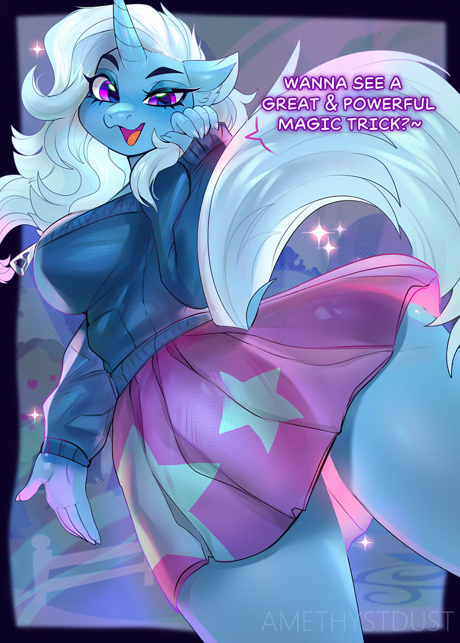 2023 5_fingers amethystdust anthro clothed clothing dialogue digital_media_(artwork) english_text equid equine eyebrows female fingers friendship_is_magic hasbro hi_res horn looking_at_viewer mammal my_little_pony open_mouth purple_eyes solo text trixie_(mlp) unicorn
