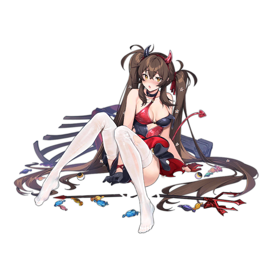1girl asymmetrical_gloves between_legs black_choker black_dress black_gloves blush bow breasts broken broken_weapon brown_hair candy choker criss-cross_halter demon_horns dress eyeball fake_horns flower food full_body girls'_frontline gloves hair_bow hair_flower hair_ornament halloween_costume halterneck hand_between_legs horns large_breasts long_hair looking_at_viewer nagu no_shoes official_alternate_costume official_art open_mouth polearm polka_dot polka_dot_bow qbz-97 red_bow red_dress red_gloves simple_background sitting solo thighhighs torn_clothes transparent_background trident twintails two-tone_dress type_97_(girls'_frontline) type_97_(gretel_the_witch)_(girls'_frontline) very_long_hair weapon white_thighhighs yellow_eyes