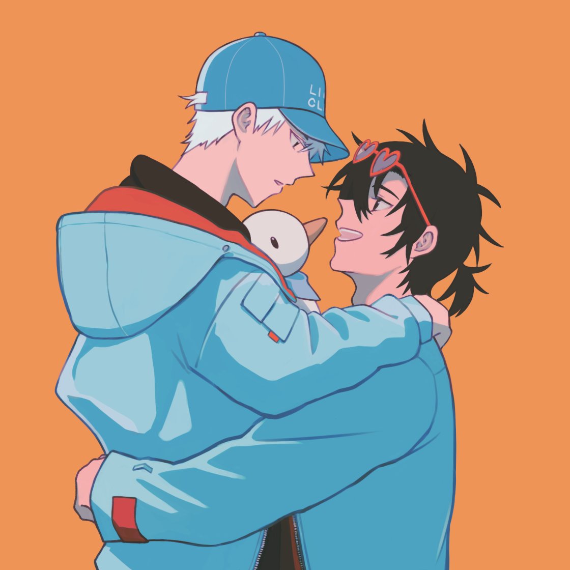 2boys baseball_cap black_hair blue_headwear blue_jacket cheng_xiaoshi commentary eye_contact eyewear_on_head hat heart heart-shaped_eyewear hood hood_down hooded_jacket hug jacket long_sleeves looking_at_another lu_guang maihor male_focus multiple_boys open_mouth orange_background shiguang_dailiren short_hair short_ponytail simple_background smile stuffed_animal stuffed_duck stuffed_toy symbol-only_commentary upper_body white_hair yaoi
