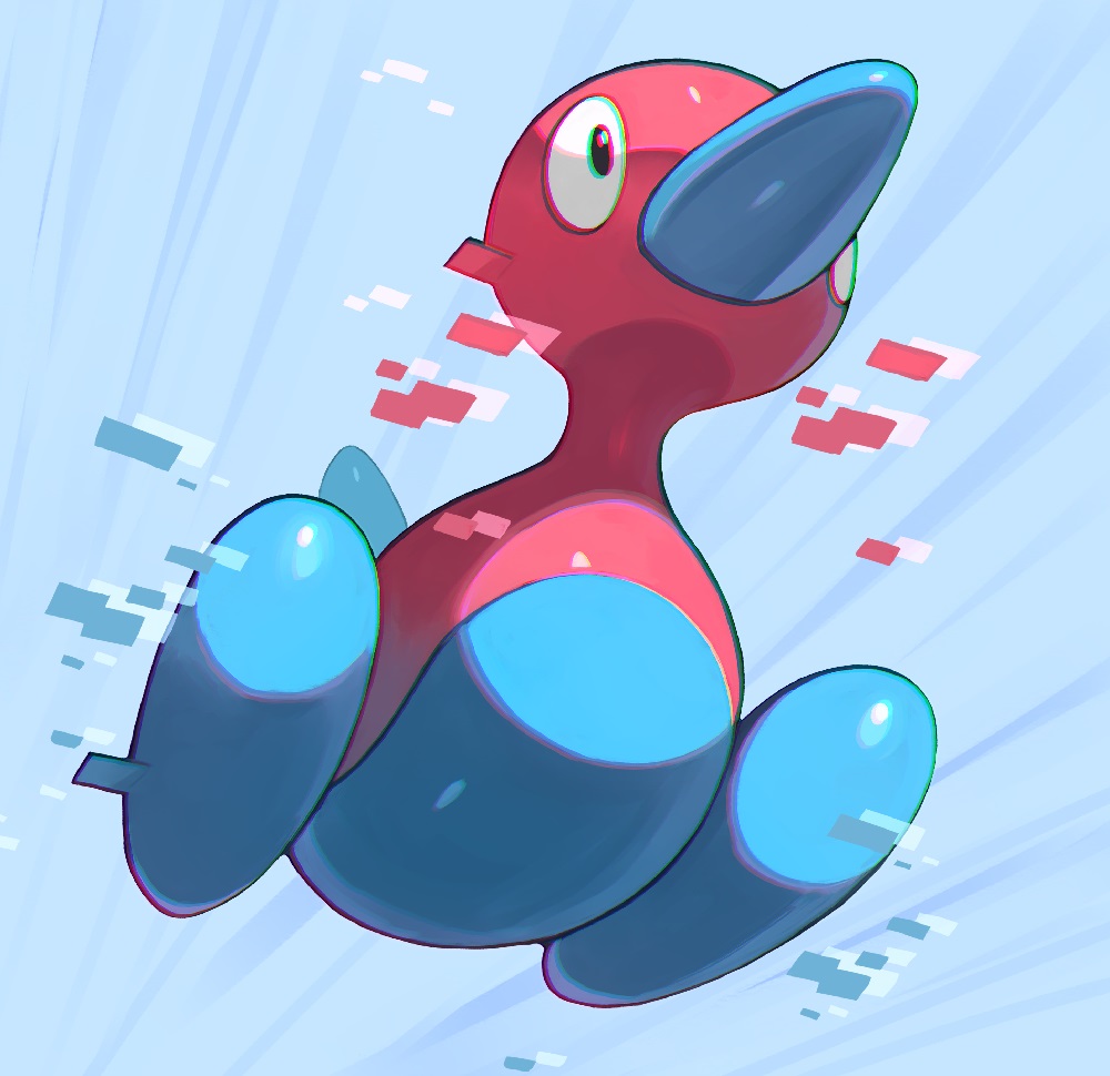 black_eyes blue_skin colored_skin floating from_below full_body glitch looking_ahead multicolored_skin no_humans pokemon pokemon_(creature) porygon2 red_skin simple_background tesshii_(riza4828)