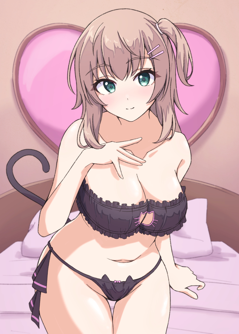 1girl bangs bare_shoulders bed black_bra black_panties boku_to_kanojo_no_onani_life bow bow_panties bra breasts brown_hair cat_cutout cat_ear_panties cat_lingerie cat_tail cleavage cleavage_cutout cleft_of_venus closed_mouth clothing_cutout collarbone commentary fake_tail frilled_bra frills green_eyes hair_ornament hairclip hand_on_own_chest heart indoors kneeling large_breasts leaning_forward light_blush lingerie looking_at_viewer medium_hair meme_attire navel on_bed one_side_up paid_reward_available panties pillow school_uniform side-tie_panties smile solo strapless strapless_bra tail thigh_gap tomatology3 underwear underwear_only yumehiko