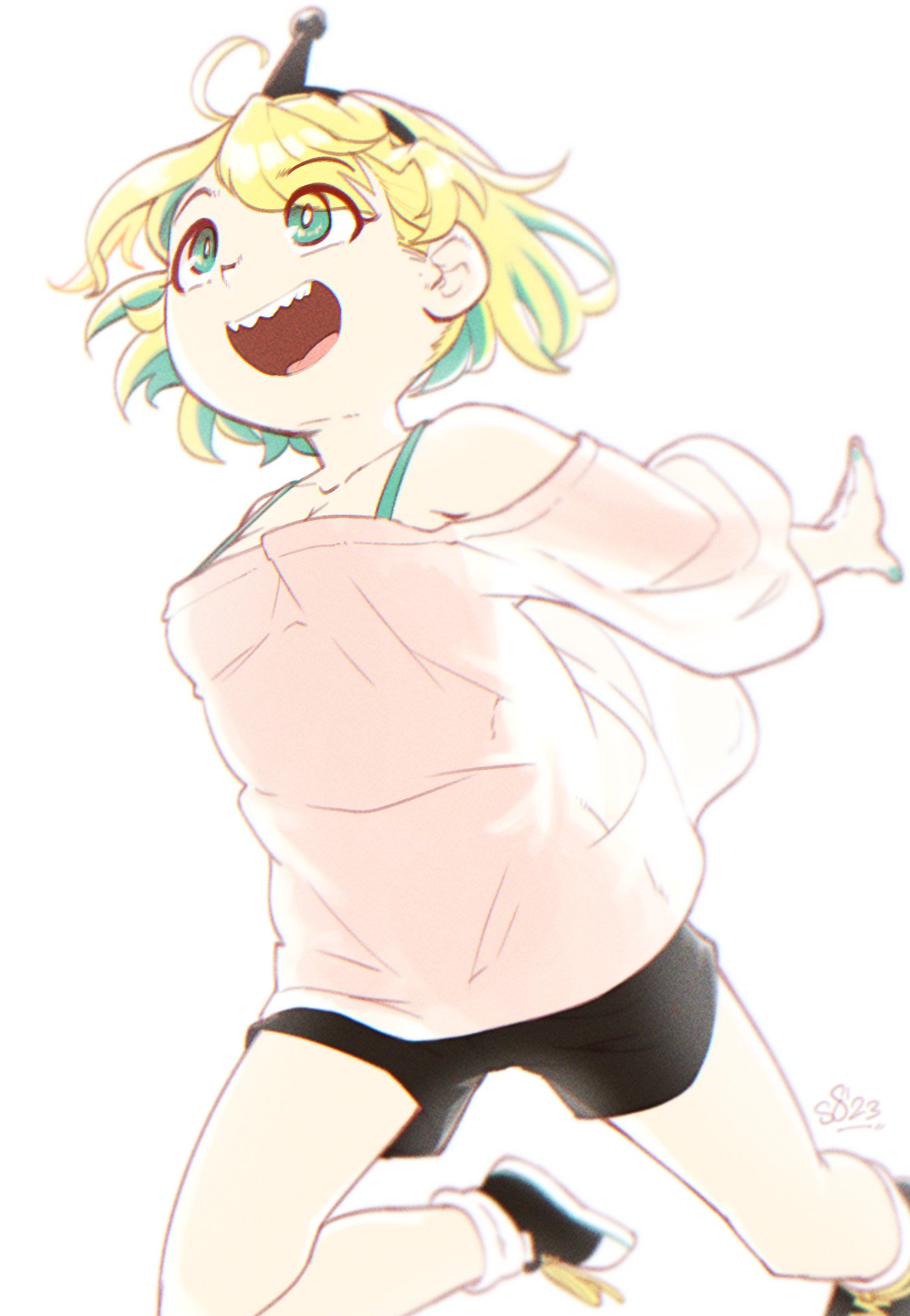 1girl :d alec8ter amano_pikamee backlighting black_footwear black_hairband black_shorts blonde_hair bright_pupils collarbone colored_inner_hair commentary dated english_commentary green_eyes green_hair green_nails hairband highres multicolored_hair naruto_run running sharp_teeth shirt short_hair shorts signature simple_background smile solo teeth two-tone_hair upper_teeth_only virtual_youtuber voms white_background white_pupils white_shirt wide_sleeves