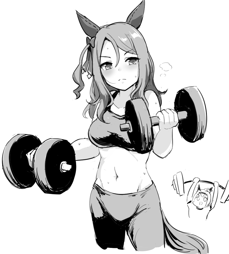 2girls animal_ears bare_shoulders blush bow breasts breath chibi chibi_inset closed_mouth cropped_legs dumbbell exercise frown greyscale groin hair_bow haru_urara_(umamusume) horse_ears horse_girl horse_tail king_halo_(umamusume) long_hair medium_breasts midriff monochrome multiple_girls navel one_side_up pants sports_bra sweat sweatpants tail tenten_(chan4545) umamusume weightlifting