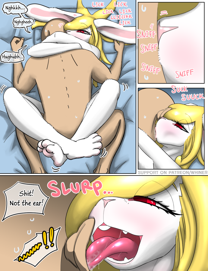 anthro bed blonde_hair comic duo ear_lick embrace english_text female from_front_position furniture hair hug human incest_(lore) lagomorph leg_wrap leporid licking lying male male/female mammal missionary_position neck_lick on_back rabbit red_eyes sex sniffing text tongue tongue_out tosun whiner