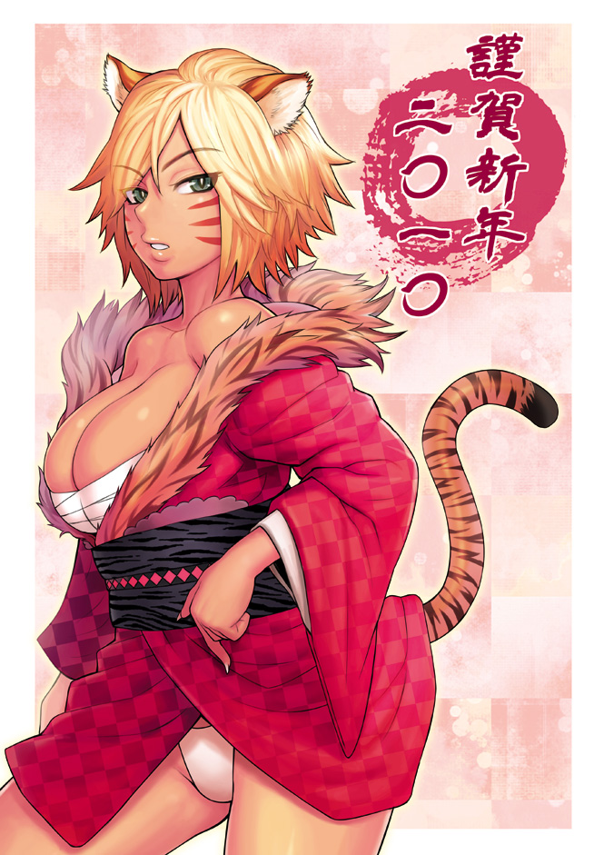 2010 animal_ears bandages blonde_hair breasts chinese_zodiac cleavage clothes_lift grey_eyes huge_breasts itou_eito japanese_clothes kimono kimono_lift new_year original panties sarashi short_hair short_kimono solo tail tan tiger_ears underwear whisker_markings year_of_the_tiger