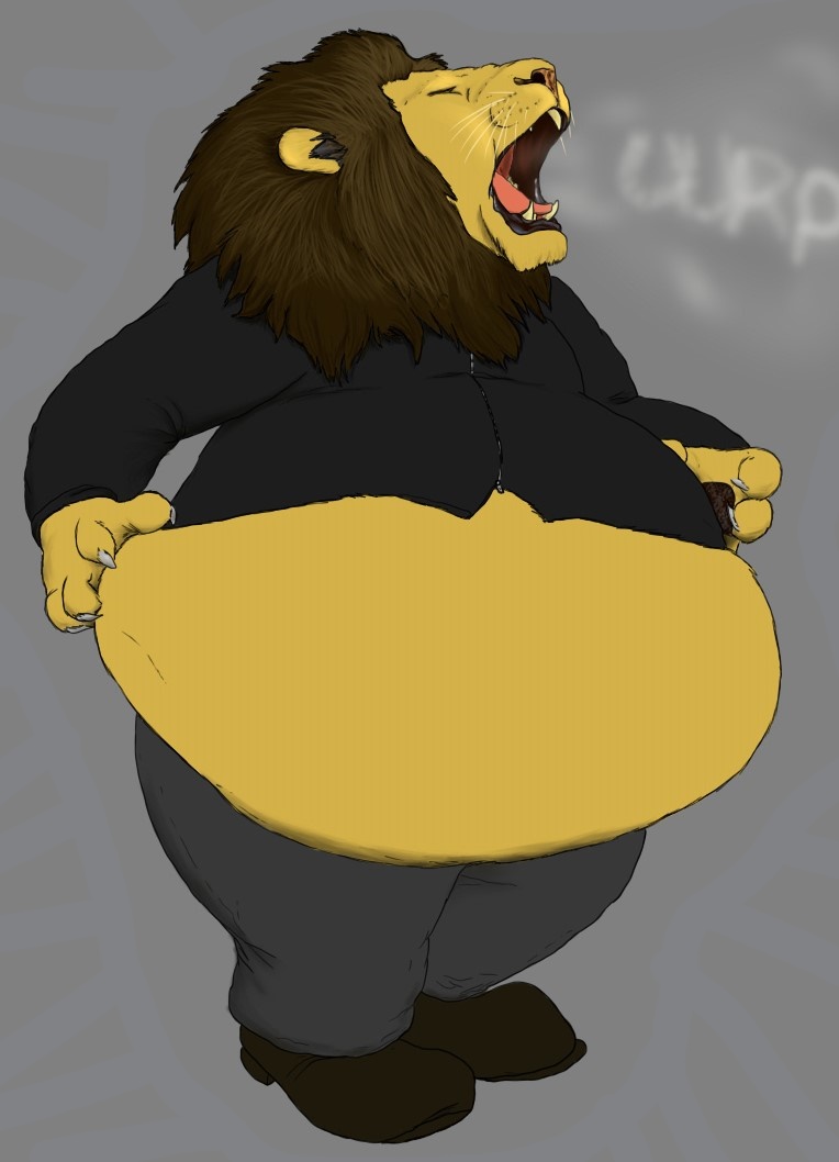 anthro beartubbs belly big_belly burping claws clothed clothing english_text eyes_closed felid fur hand_on_stomach lion male mammal mane obese obese_anthro obese_male onomatopoeia open_mouth overweight overweight_anthro overweight_male pantherine presenting_belly solo sound_effects standing teeth text tongue whiskers yellow_body yellow_fur