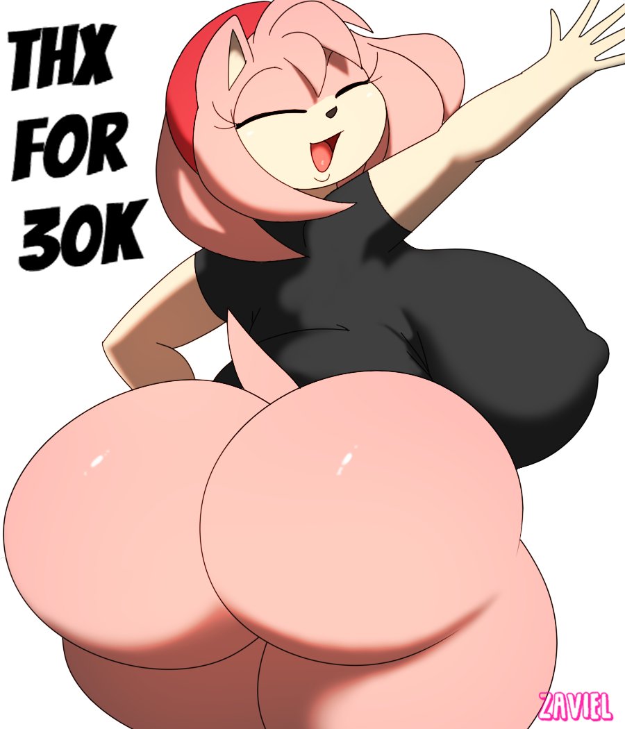 amy_rose anthro big_breasts big_butt bottomless breasts butt clothed clothing english_text eulipotyphlan eyes_closed female hair hedgehog huge_breasts huge_butt mammal multicolored_body nipple_outline open_mouth pink_hair sega shirt solo sonic_the_hedgehog_(series) text thick_thighs topwear two_tone_body wide_hips zaviel