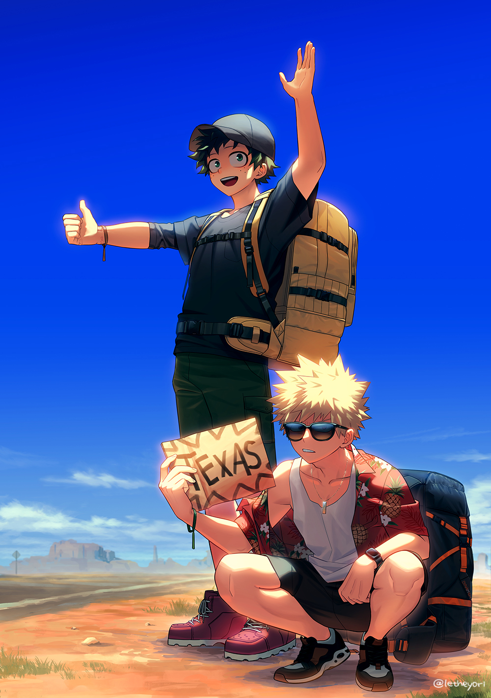 2boys :d alternate_costume annoyed arm_on_knee arm_on_thigh arm_up atmospheric_perspective backpack backpack_removed bag bakugou_katsuki bangs baseball_cap black_shirt black_shorts blonde_hair bloom blue_sky boku_no_hero_academia breast_pocket character_name cloud collarbone collared_shirt commentary day desert eyes_visible_through_eyewear freckles full_body grass green_eyes green_hair green_shorts grey_headwear hand_up hat hawaiian_shirt highres hill hitchhiking holding holding_sign horizon jewelry leaf_print letheyori light looking_afar male_focus midoriya_izuku multiple_boys off-shoulder_shirt off_shoulder open_clothes open_hand open_mouth open_shirt outdoors parted_lips pendant pineapple_print pocket red_eyes red_footwear road road_sign round_teeth sanpaku scar scar_on_arm scar_on_hand scowl shade shadow shirt shoes short_hair shorts sideways_glance sign single_bare_shoulder sky sleeveless smile snap-fit_buckle sneakers spiked_hair spoilers squatting standing sunglasses sunlight t-shirt tank_top teeth texas thumbs_up twitter_username undershirt upper_teeth_only v-shaped_eyebrows watch white_tank_top wristwatch yellow_bag