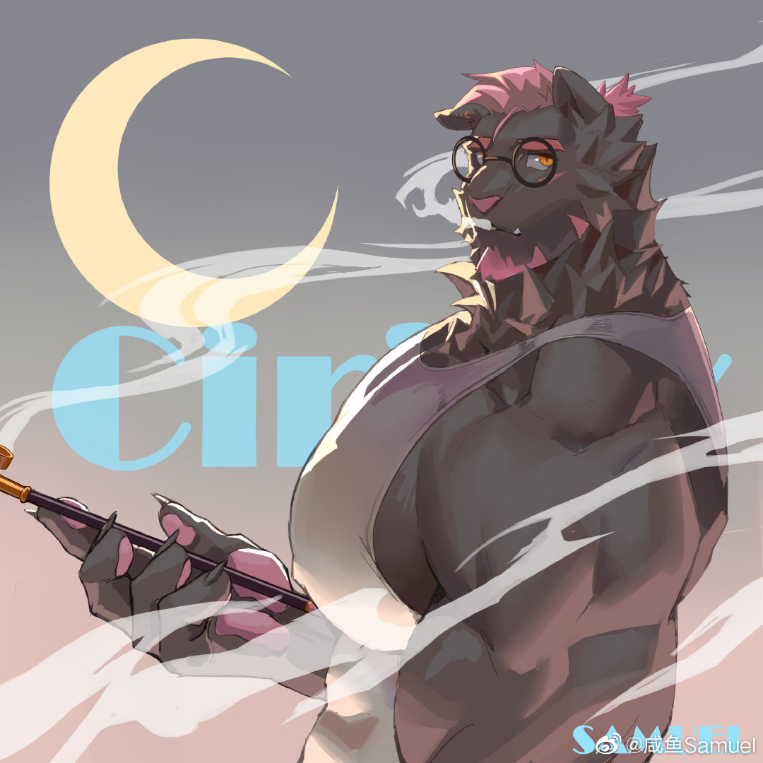 1boy bara commission covered_nipples facial_hair from_side furry furry_male glasses goatee large_hands large_pectorals looking_at_viewer male_focus muscular muscular_male original pectorals pink_hair short_hair sidepec smoke smoking solo tank_top thick_eyebrows tusks upper_body white_tank_top xianyusamuel