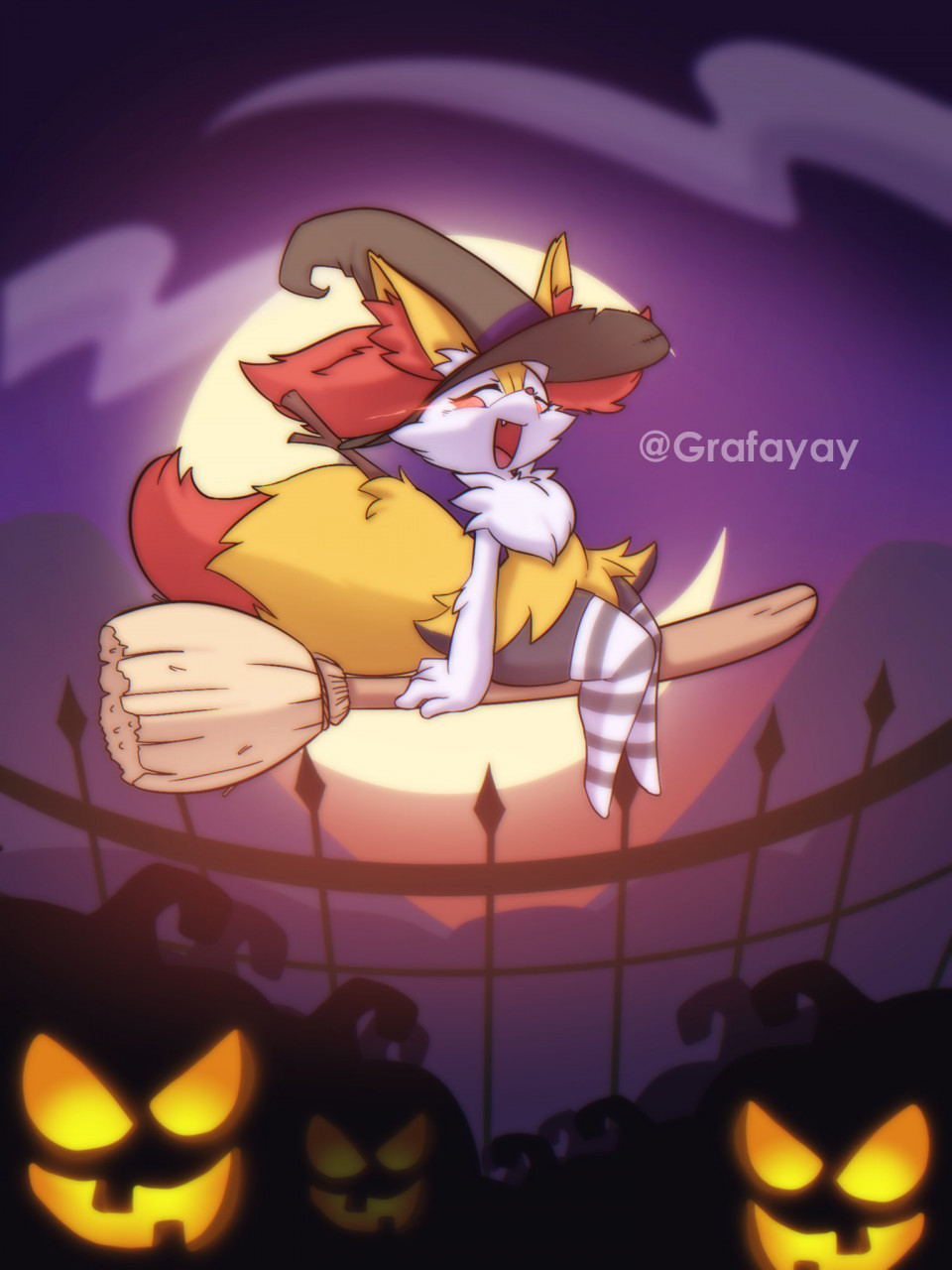 ambiguous_gender anthro braixen broom cleaning_tool clothing crescent_moon fencepost fur generation_6_pokemon grafayay hat headgear headwear hi_res inner_ear_fluff jack-o'-lantern legwear moon nintendo open_mouth pattern_clothing pattern_legwear pattern_thigh_highs pokemon pokemon_(species) pumpkin_patch solo striped_clothing striped_legwear striped_thigh_highs stripes thigh_highs tuft witch_hat yellow_body yellow_fur