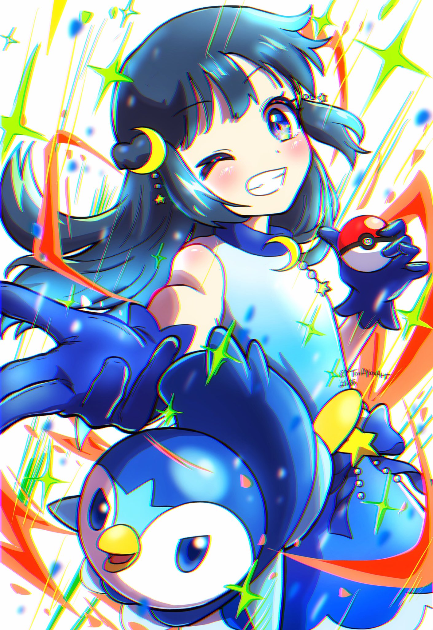 1girl bangs bare_arms blue_dress blue_eyes blue_gloves blue_hair blush bow crescent crescent_hair_ornament dawn_(pokemon) dress eyelashes gloves gradient_dress grin hair_ornament highres holding holding_poke_ball long_hair looking_at_viewer one_eye_closed piplup poke_ball poke_ball_(basic) pokemon pokemon_(anime) pokemon_(creature) pokemon_journeys sheyona sidelocks sleeveless sleeveless_dress smile sparkle white_background