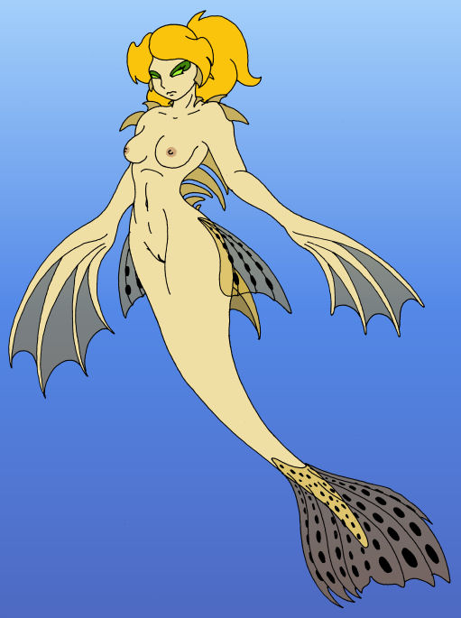 anthro blonde_hair blue_background breasts dorsal_fin female fin fin_hands genitals gradient_background green_eyes hair lionfish marine merfolk navel nipples pussy simple_background skyhammer small_breasts solo split_form tan_body translucent