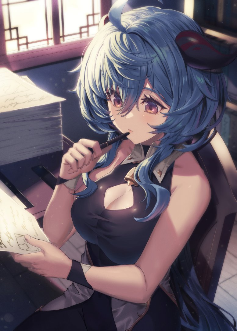 1girl ahoge bangs bare_shoulders bell black_bodysuit blue_hair blush bodysuit bodysuit_under_clothes breasts closed_mouth collarbone fingernails ganyu_(genshin_impact) genshin_impact goat_horns hair_between_eyes hands_up holding holding_paper holding_pen horns indoors large_breasts long_hair neck_bell oukawa_yuu paper pen ponytail purple_eyes shadow sitting solo sunlight table window