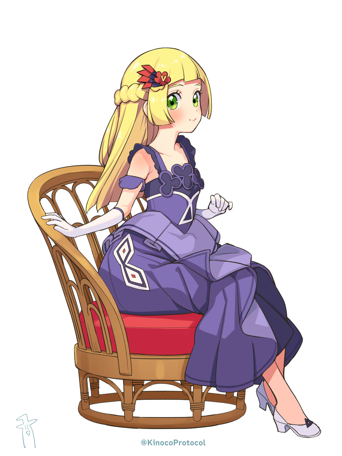 1girl bangs blonde_hair blunt_bangs blush braid chair clenched_hand closed_mouth cosplay dress eyelashes gloves green_eyes grey_footwear high_heels highres kinocopro lillie_(pokemon) long_hair may_(anniversary_2022)_(pokemon) may_(pokemon) may_(pokemon)_(cosplay) pokemon pokemon_(game) pokemon_masters_ex pokemon_sm purple_dress simple_background sitting smile solo twitter_username watermark white_background white_gloves