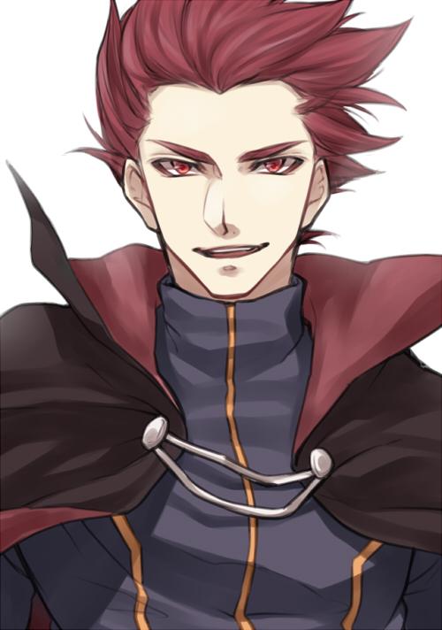 1boy brown_cape cape commentary_request grey_jacket jacket lance_(pokemon) looking_at_viewer male_focus mocollie open_mouth pokemon pokemon_(game) pokemon_hgss red_eyes red_hair short_hair simple_background smile solo teeth turtleneck turtleneck_jacket upper_body upper_teeth_only white_background