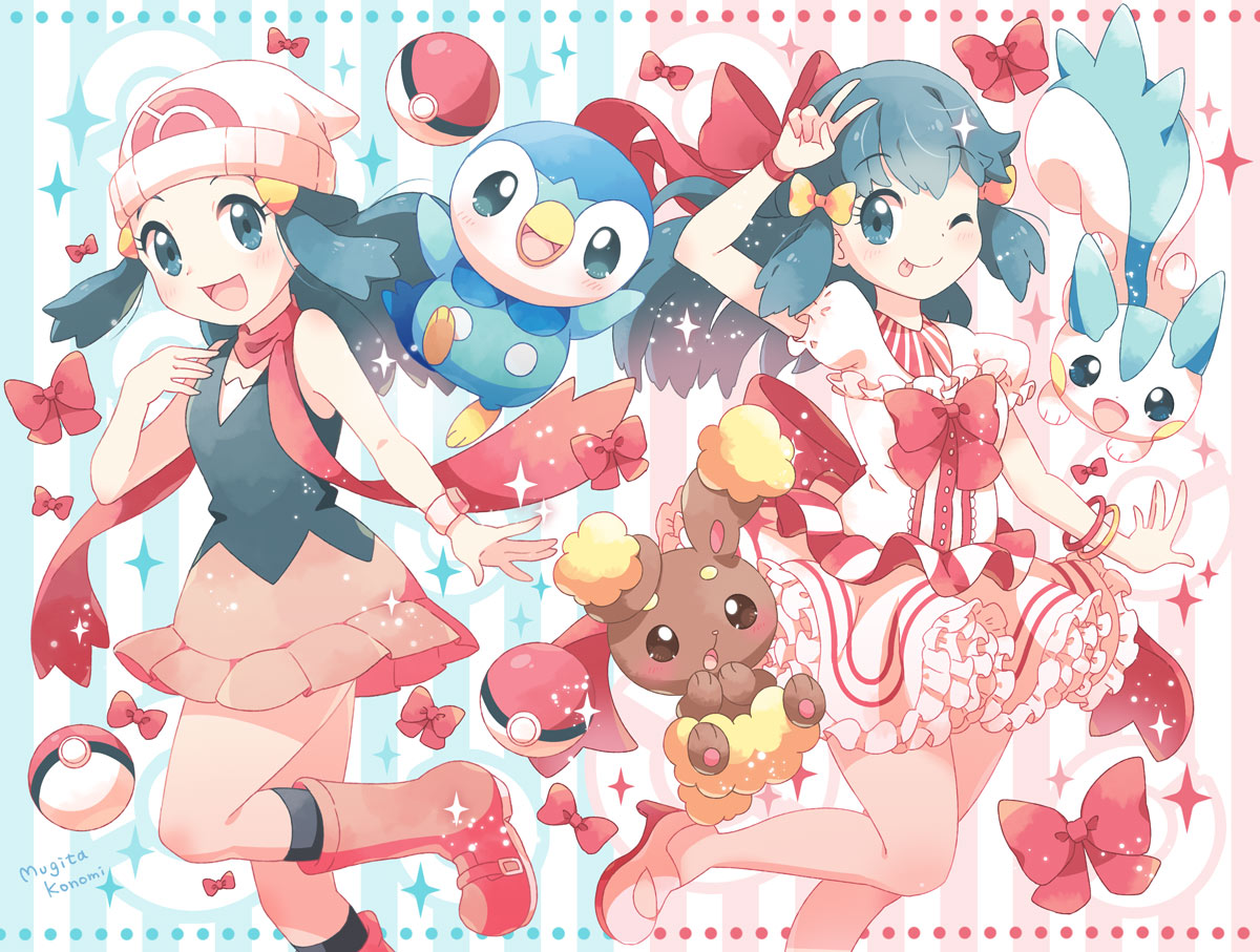 blue_eyes blue_hair boots bracelet buneary dawn_(pokemon) hand_on_own_chest hat high_heels jewelry knee_boots layered_skirt long_hair mugita_konomi one_eye_closed open_mouth pachirisu piplup poke_ball pokemon pokemon_(game) pokemon_bdsp puffy_short_sleeves puffy_sleeves ribbon scarf short_sleeves skirt standing standing_on_one_leg tongue tongue_out v white_headwear