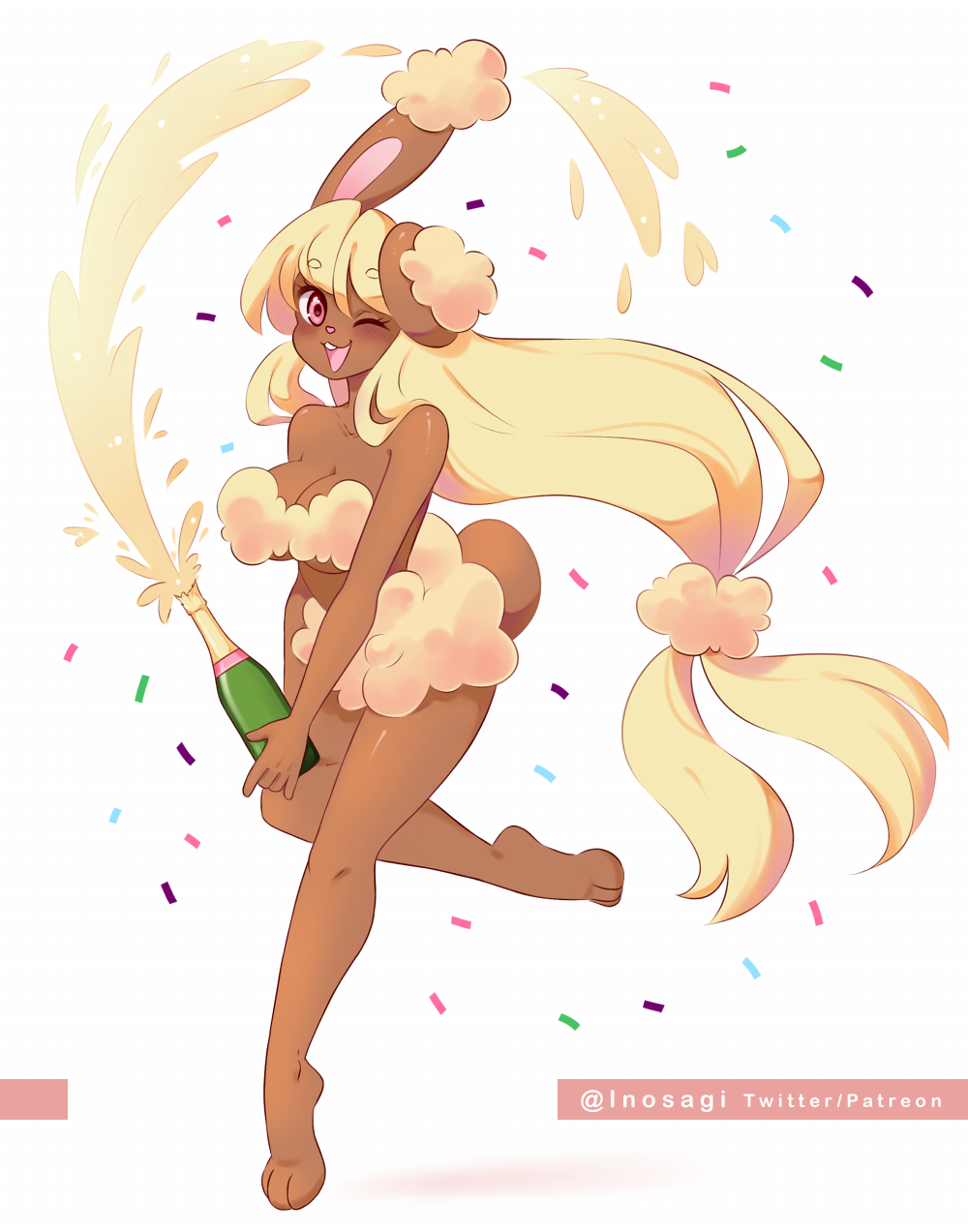 alcohol anthro barefoot beverage blonde_hair brown_body brown_fur buneary champagne champagne_bottle feet female fur generation_4_pokemon hair hi_res inosagi nintendo one_eye_closed pink_eyes pokemon pokemon_(species) smile solo wink