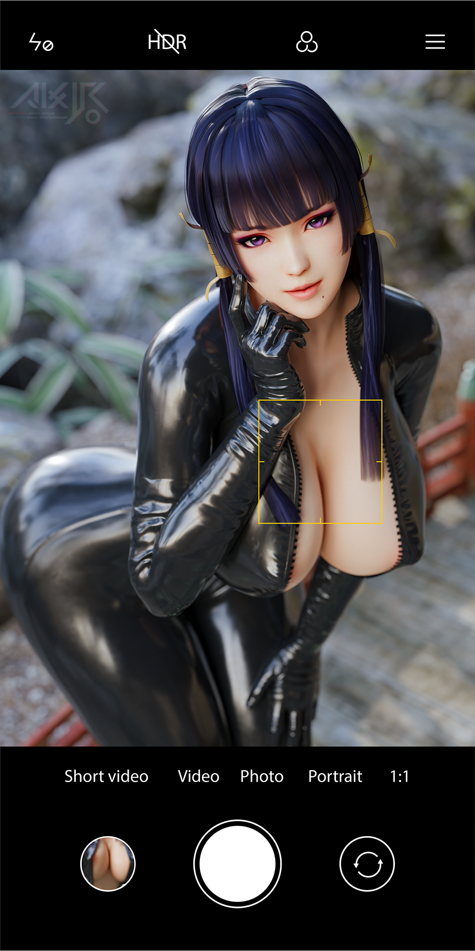 3d akiryo ass black_eyes black_hair breasts camera cellphone cleavage dead_or_alive hair_ribbon hand_on_own_face highres jacket leather leather_jacket long_hair looking_at_viewer mole mole_under_mouth neck nyotengu outdoors phone ribbon smartphone thighs