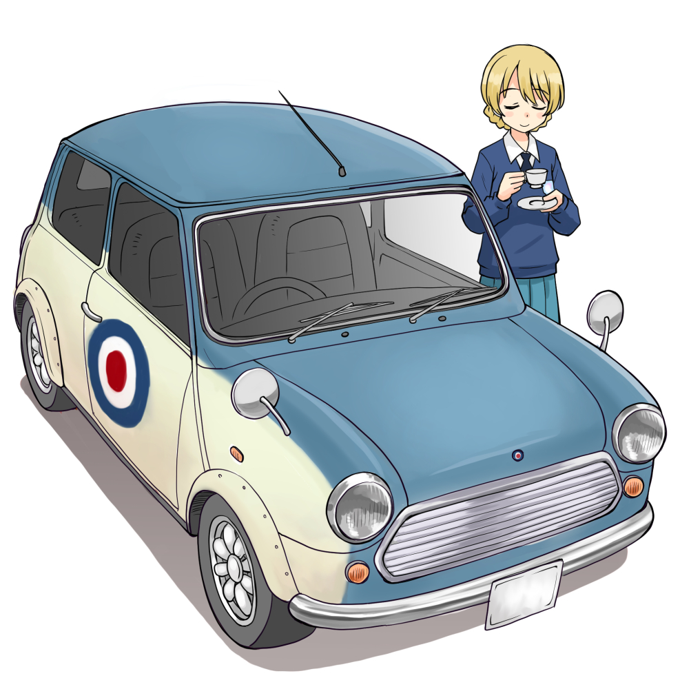 austin_mini bangs blonde_hair blue_eyes braid car car_interior cup darjeeling_(girls_und_panzer) emblem girls_und_panzer headlight holding holding_cup holding_saucer license_plate mini_cooper motor_vehicle right-hand_drive saucer school_uniform short_hair st._gloriana's_(emblem) st._gloriana's_military_uniform st._gloriana's_school_uniform steering_wheel teacup twin_braids uona_telepin