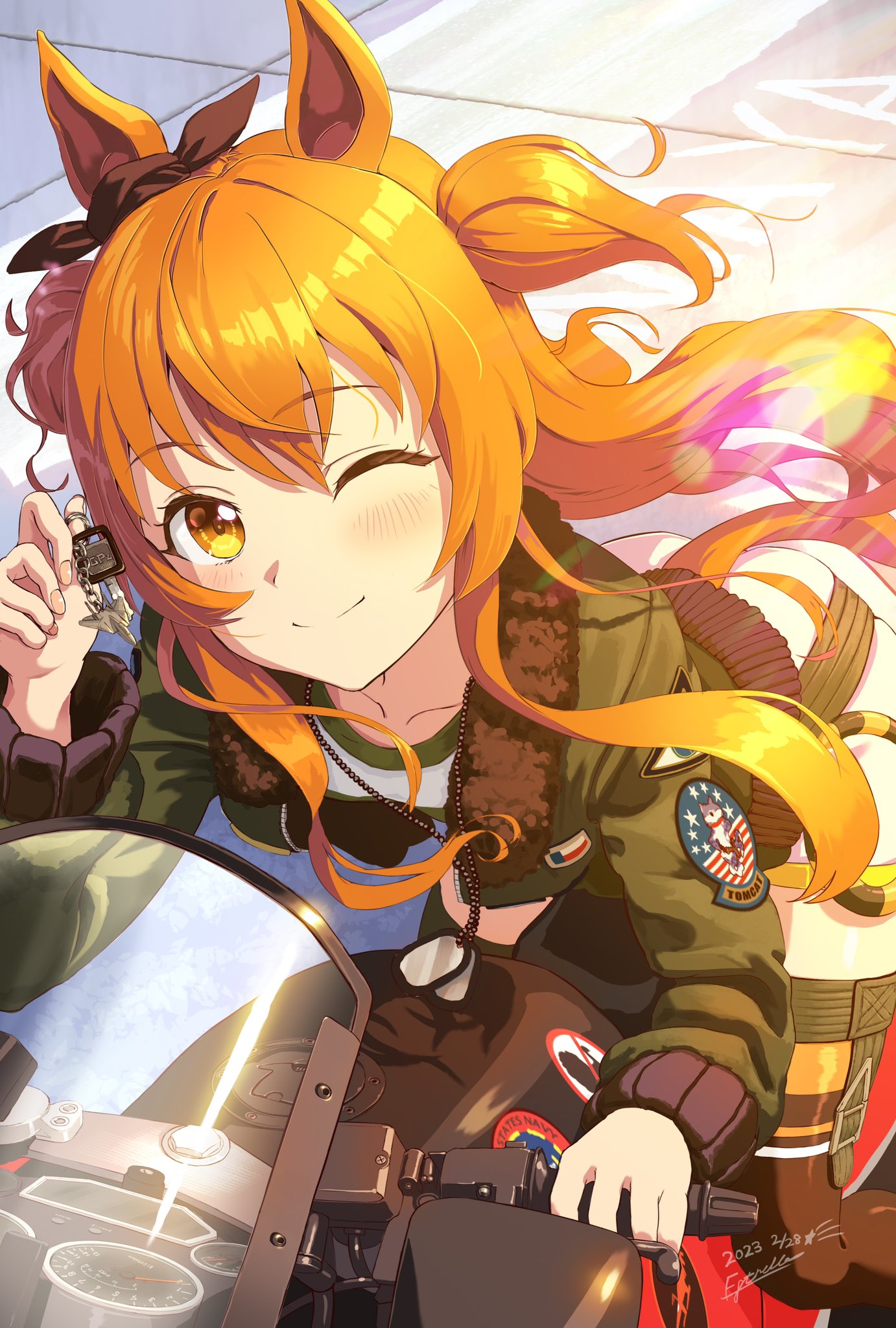 1girl 2023 animal_ears blush bomber_jacket commentary_request dated estrella_(uypu4574) highres horse_ears horse_girl jacket key lens_flare long_hair looking_at_viewer mayano_top_gun_(umamusume) midriff motor_vehicle motorcycle one_eye_closed orange_eyes orange_hair signature smile solo umamusume