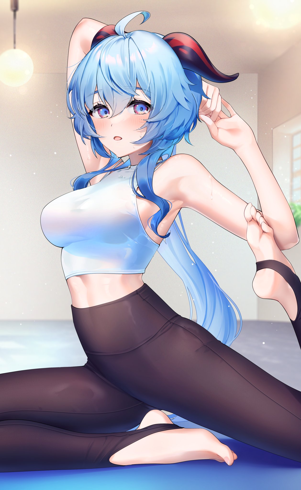 1girl ahoge alternate_costume arm_up armpits bare_shoulders black_pants blue_eyes blurry blurry_background blush breasts crop_top exercise feet ganyu_(genshin_impact) genshin_impact goat_horns gradient_eyes hanging_light high-waist_pants highres horns indoors leg_up long_hair looking_at_viewer medium_breasts midriff mikazuki_mika multicolored_eyes no_shoes open_mouth pants pigeon_pose ponytail shiny_clothes sidelocks sitting sleeveless soles solo split sports_bra stirrup_legwear sweat thighs toeless_legwear toes very_long_hair white_sports_bra yoga yoga_pants