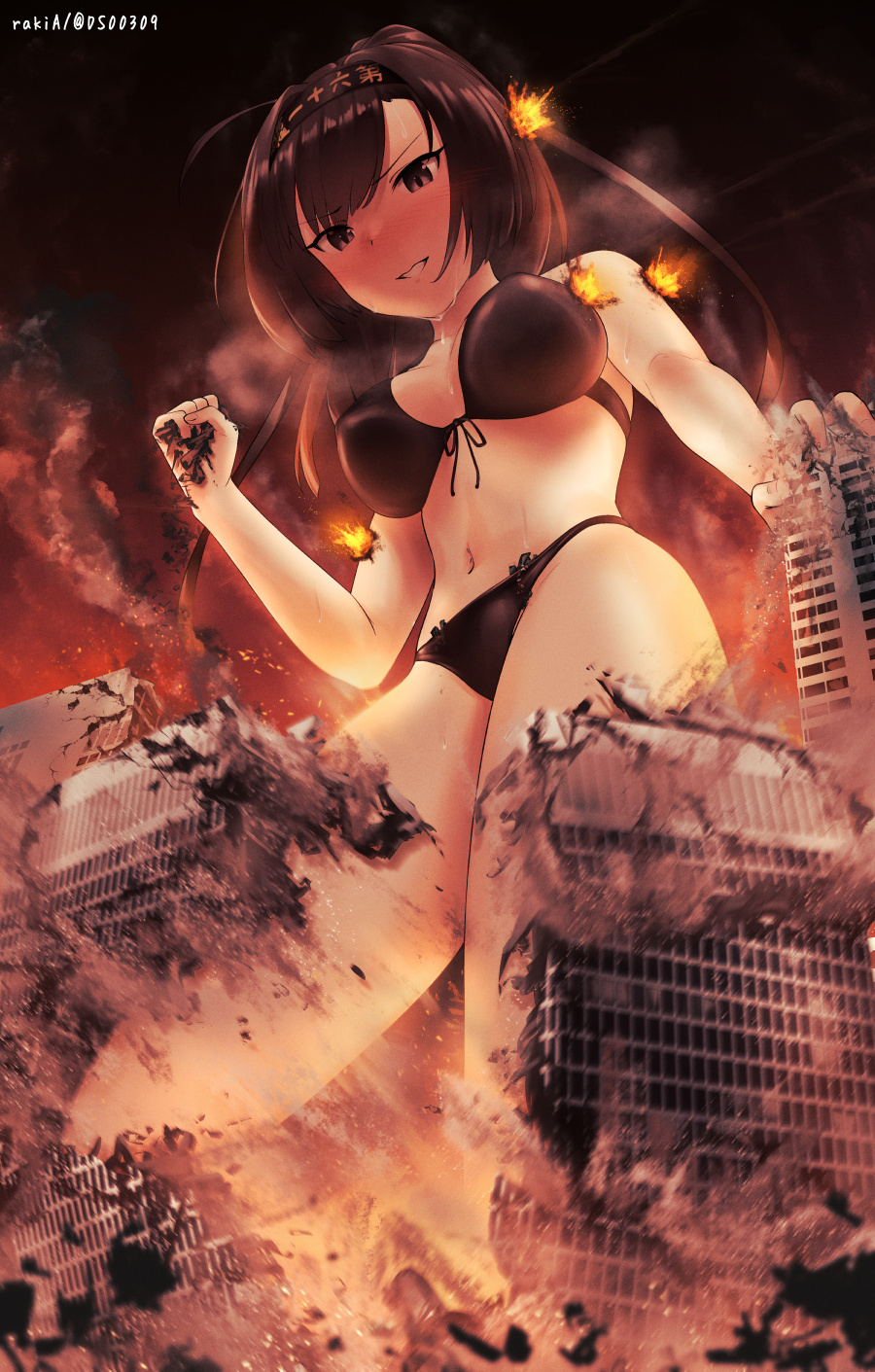 1girl akizuki_(kancolle) artist_name bikini black_bikini black_hair black_headband breasts building clothes_writing commentary_request destruction explosion fire from_below giant giantess hachimaki headband highres kantai_collection long_hair looking_down medium_breasts navel night night_sky open_mouth ponytail purple_eyes rakia_(ds00309) sky smile solo stomach sweat swimsuit teeth twitter_username