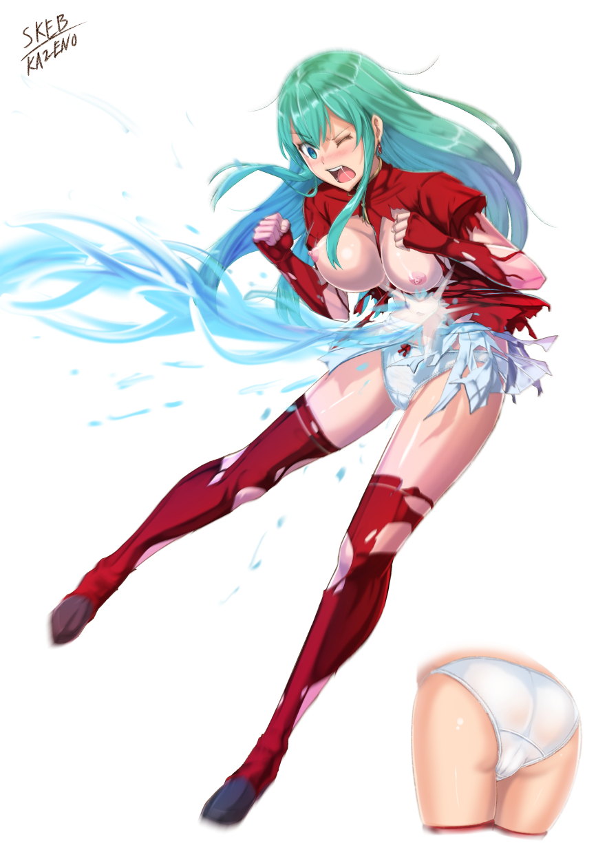 1girl ;o aqua_eyes aqua_hair artist_name ass attack blush bouncing_breasts breasts commission earrings eirika_(fire_emblem) energy fingerless_gloves fire_emblem fire_emblem:_the_sacred_stones gloves highres injury jewelry kazeno long_hair medium_breasts miniskirt motion_blur motion_lines multiple_views navel nipples one_eye_closed open_mouth panties red_gloves red_shirt saliva shirt short_sleeves simple_background skeb_commission skirt torn_clothes torn_shirt torn_skirt underwear white_background white_panties white_skirt