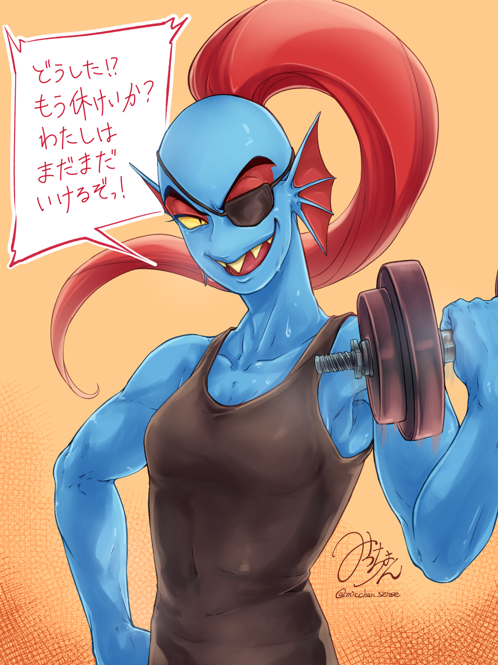 2022 animal_humanoid blue_body blue_skin bodily_fluids clothing dialogue ear_fins ear_frill exercise female fin fish fish_humanoid frill_(anatomy) hair hi_res humanoid japanese_text marine marine_humanoid micchan_sense muscular muscular_female muscular_humanoid red_hair shirt solo sweat tank_top text topwear translated undertale_(series) undyne weightlifting workout